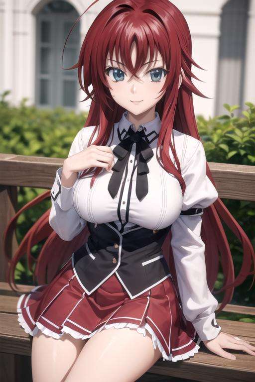 (((picture perfect))), (absurdres), 1girl, solo, <lora:rias-dxd:0.8>, rias gremory, school uniform, red skirt, looking at viewer, smile