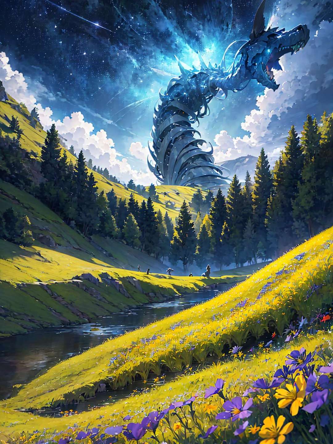 absurdres, highres, ultra detailed, (1 female:1.3),BREAK(, Design a serene grassland scene, with rolling hills, wildflowers, and a peaceful, open atmosphere.:1.7)BREAK, Create an image of a giant creature, towering over its surroundings, with immense strength and presence.BREAK, Create a stunning starry sky image, with long exposures capturing the beauty and movement of celestial bodies.BREAK, Design a flower field setting, with blooming flowers, vivid colors, and a sense of growth and renewal.BREAK, Design a contemplative scene, with a subject lost in thought, revealing their introspective and reflective nature.BREAK(, Illustrate an image using soft pastel colors, with a gentle, dreamy quality and a focus on light and atmosphere.:1.6)