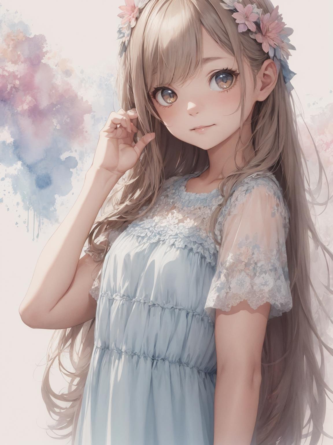 absurdres, highres, ultra detailed, (1girl:1.3), smilyBREAK, watercolor style, soft blending, dreamy washes, delicate textures,