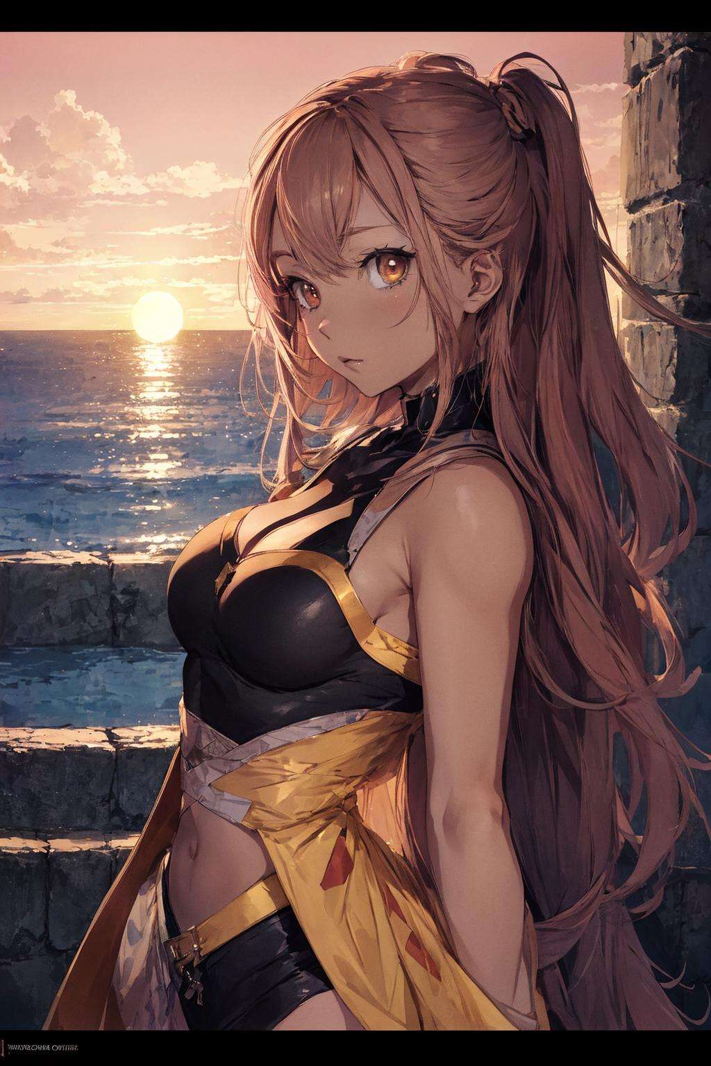 absurdres, highres, ultra detailed, (1 girl:1.3), (solo:1.4),  yellowBREAK, cel shading, bold outlines, flat colors, graphic style, manga influenceBREAK, rim lighting, warm tones, sun flare, soft shadows , (sunset:1.5)BREAK