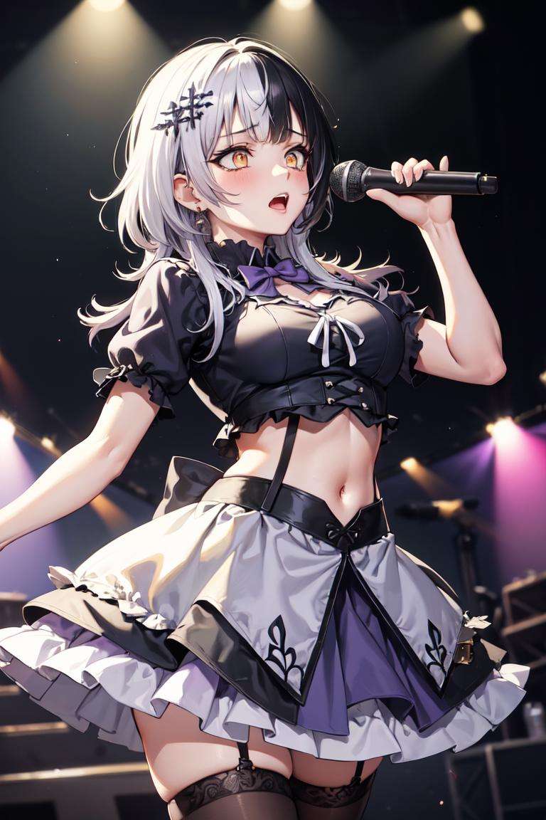 masterpiece, best quality, absurdres, perfect anatomy, 1girl, solo, ShioriNovella, hair ornament, idol, idol uniform, bowtie, skirt, brooch, dress, concert, on stage, frilled skirt, jewelry, layered dress, short sleeves, ((midriff)), thighhighs, microphone, holding microphone, stage lights, mature female, yandere, <lora:ShioriNovella:0.8>