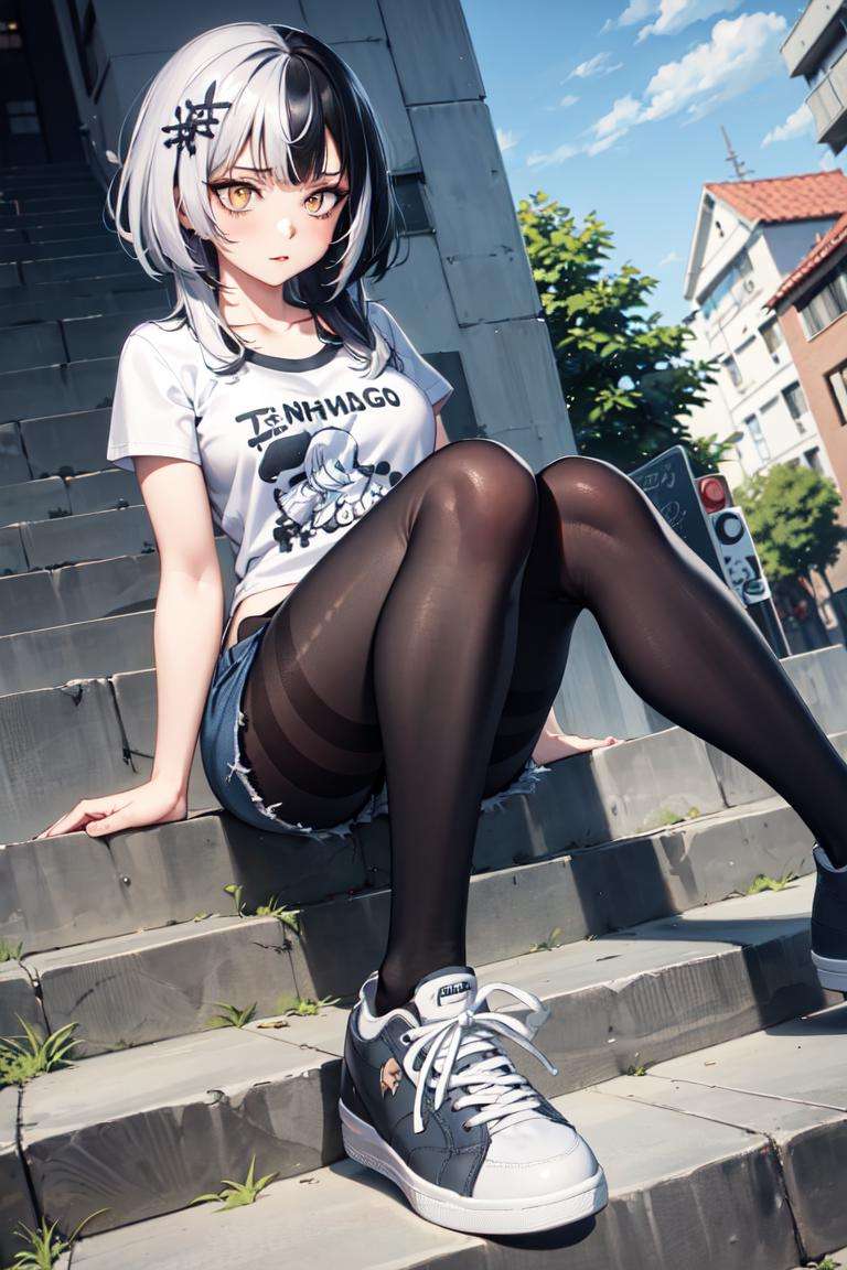 masterpiece, best quality, absurdres, perfect anatomy, 1girl, solo, ShioriNovella, hair ornament, graphic tee, denim shorts, pantyhose under shorts, sitting, stairs, outdoors, city, cocky, dutch angle, wide shot, sneakers, <lora:ShioriNovella:0.9>