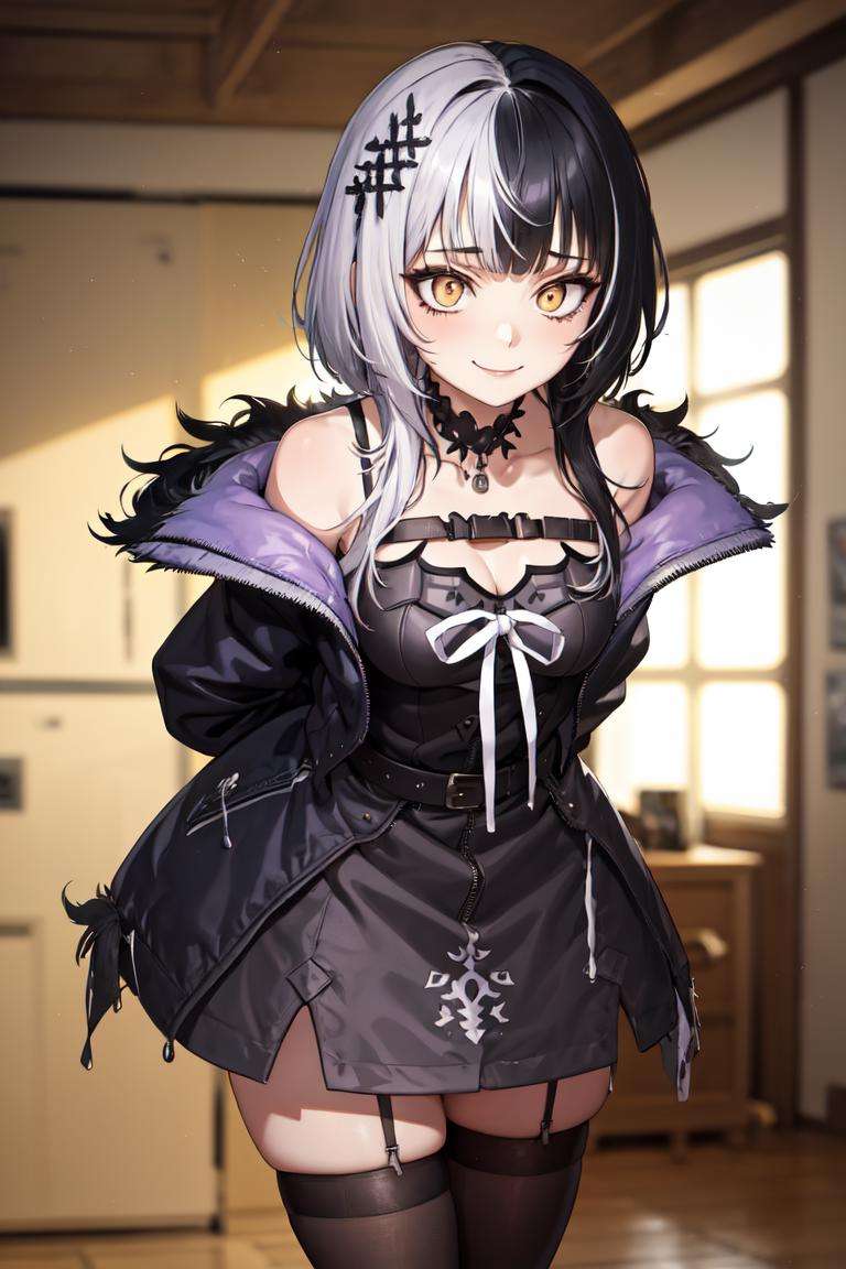 masterpiece, best quality, absurdres, perfect anatomy, 1girl, solo, ShioriNovella, hair ornament, fur trim, black jacket, off shoulder, dress, choker, belt, single thighhigh, asymmetrical legwear, arms behind back, indoors, leaning forward, smile, <lora:ShioriNovella:1>