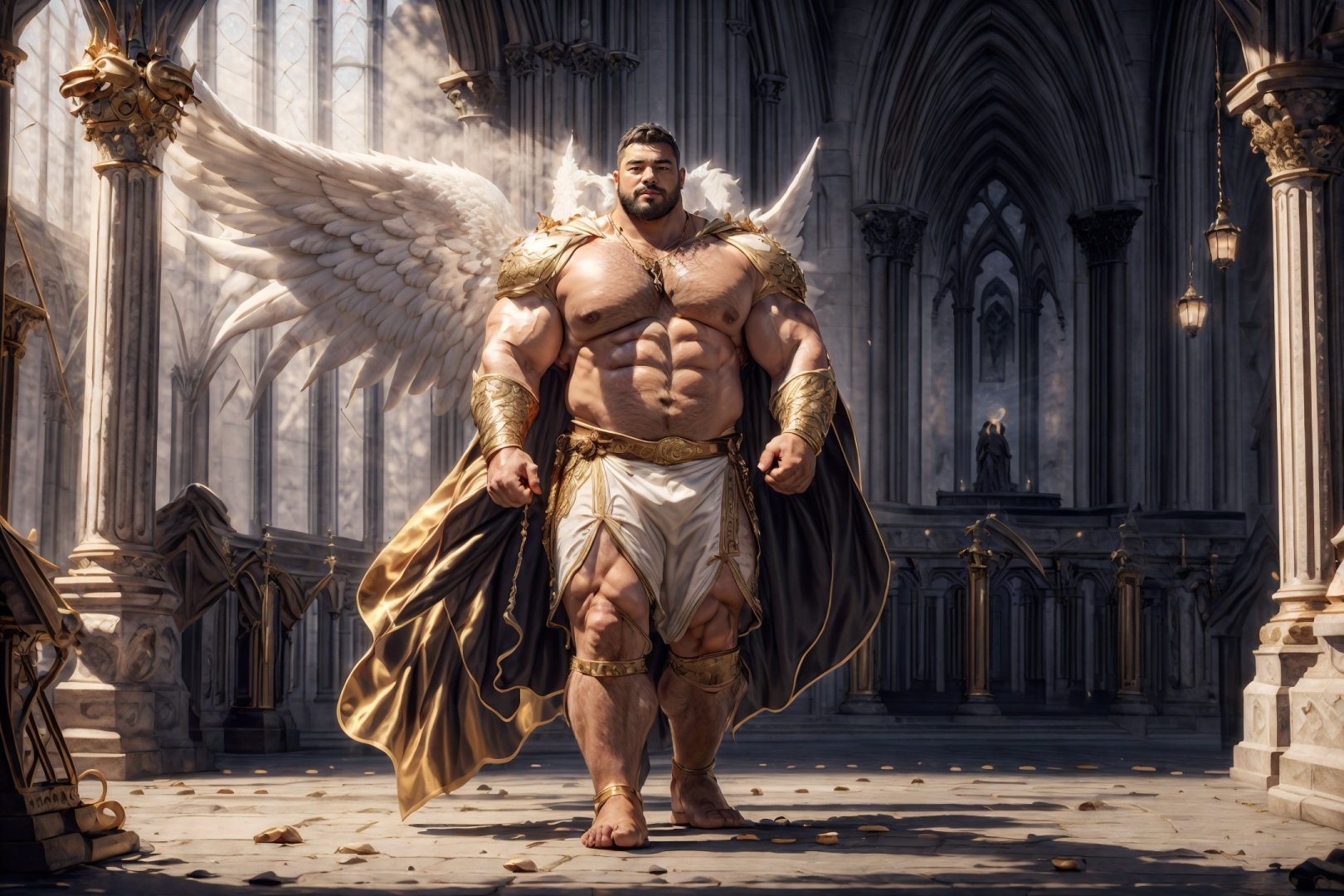 Best quality, masterpiece, ultra high res, detailed background, game_cg,muscular male, mature male, bara stocky, thick arms, thick thigh,(bara:1.1), 35 years old,(very short black hair:1.1),from above,full body, full shot, wide shot,hairy,male focus,mature,,male only,bushy bread,nice hands, perfect hands,nice feet,perfect feet,(masterpiece,best quality:1.3),beautiful detailed glow,best illuminate,(((best quality,textile shading,ultra detailed))),extremely detailed CG unity 8k wallpaper,Highly Detailed beautiful and aesthetic,best light,high resolution,detailed,dynamic lighting,super detailed skin,intricate details, hyper detail,outdoors, thick arms, thick thighs,solemn expression,<lyco:NiJiMale_V1:0.3> <lora:Baralora:0.3> <lora:dsharp3:0.4> <lyco:GoodHands-beta2:1> <lora:more_details:0.6> <lora:IvoryGoldAIv2:0.5>.in church,no clothes,short hair,completely nude,crotch bulging,fantasy,nudeshort hair, A set of royal drapes with IvoryGold bands on arms,royal IvoryGold cloak,(Cathedral glass background:1.2),Colored light shines through the glass on the ground,epic,photorealistic photo of a handsome young male wizard, white wizard shirt with golden trim, white robe moving in the wind,breaken clothed, perfect face, handsome, (perfect composition:1.4), deviantart hd, artstation hd, concept art, detailed face and body, award-winning photography, margins, detailed face, detailed hands, ,backlight, 12k ultrarealistic, ray tracing, intense gaze, looking at the viewer, cinematic lighting, art by Grzegorz Rutkowski, embers, high fantasy background, action pose, misty,(IvoryGold cloak:1.0),big angel wings,holding holy sword, 