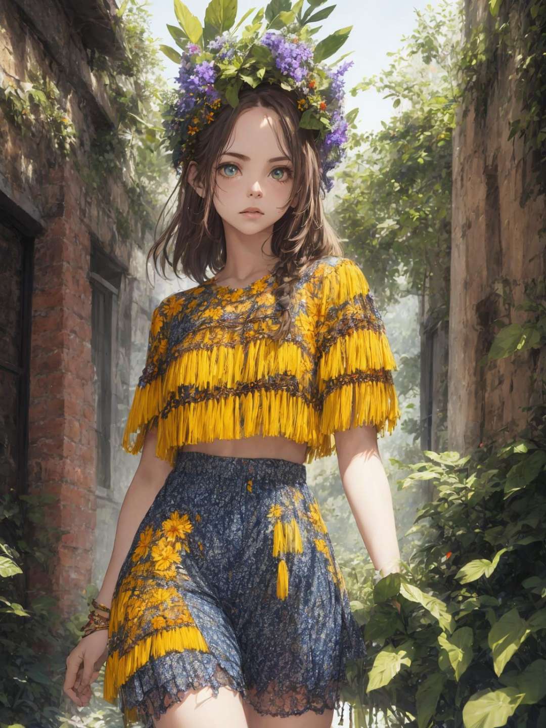 absurdres, highres, ultra detailed,  (1 young woman:1.4),BREAK, festival style, fringe clothing, boho dresses, flower crowns, denim shorts, gladiator sandals, statement jewelry