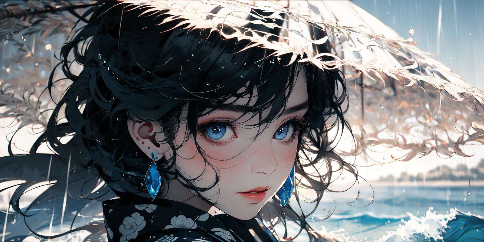 (masterpiece:1.2), best quality,PIXIV,Chinese ink painting,ink wash painting,1girl, black hair, earrings, solo, blue eyes, jewelry, gloves, looking at viewer, rain, close-up, portrait, umbrella, long hair, eyelashes, black gloves, hair between eyes, gem, holding, lips, bangs, water drop <lora:Chinese ink painting_20230725220724-000018:1>