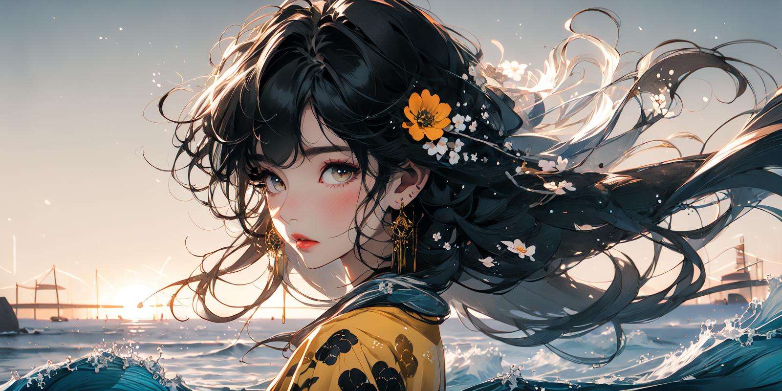 (masterpiece:1.2), best quality,PIXIV,Chinese ink painting,ink wash painting,1girl, solo, long hair, black hair, looking at viewer, flower, yellow dress, upper body, yellow flower, earrings, floating hair, blush, jewelry, brown eyes, parted lips, water, dress, floral print, from side, bubble, long sleeves, breasts, very long hair <lora:Chinese ink painting_20230725220724-000018:1>