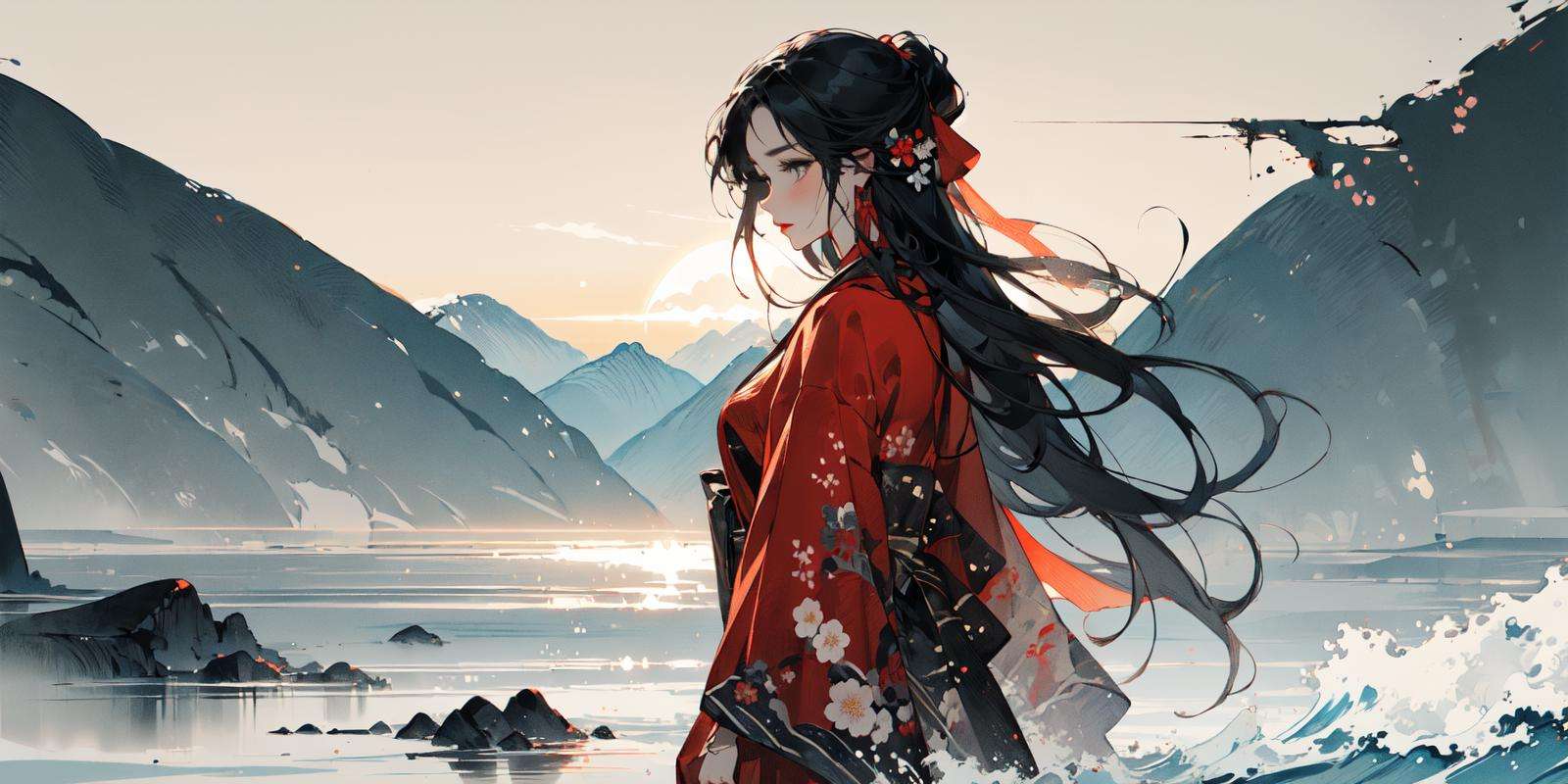 (masterpiece:1.2), best quality,PIXIV,Chinese ink painting,ink wash painting,(cowboy shot:1.2), 1girl, long hair, jewelry, solo, earrings,black hair,red cloth,mountain, Mountain paths, stone statues, stone paths, snow, plum blossoms <lora:Chinese ink painting_20230725220724-000018:0.8>