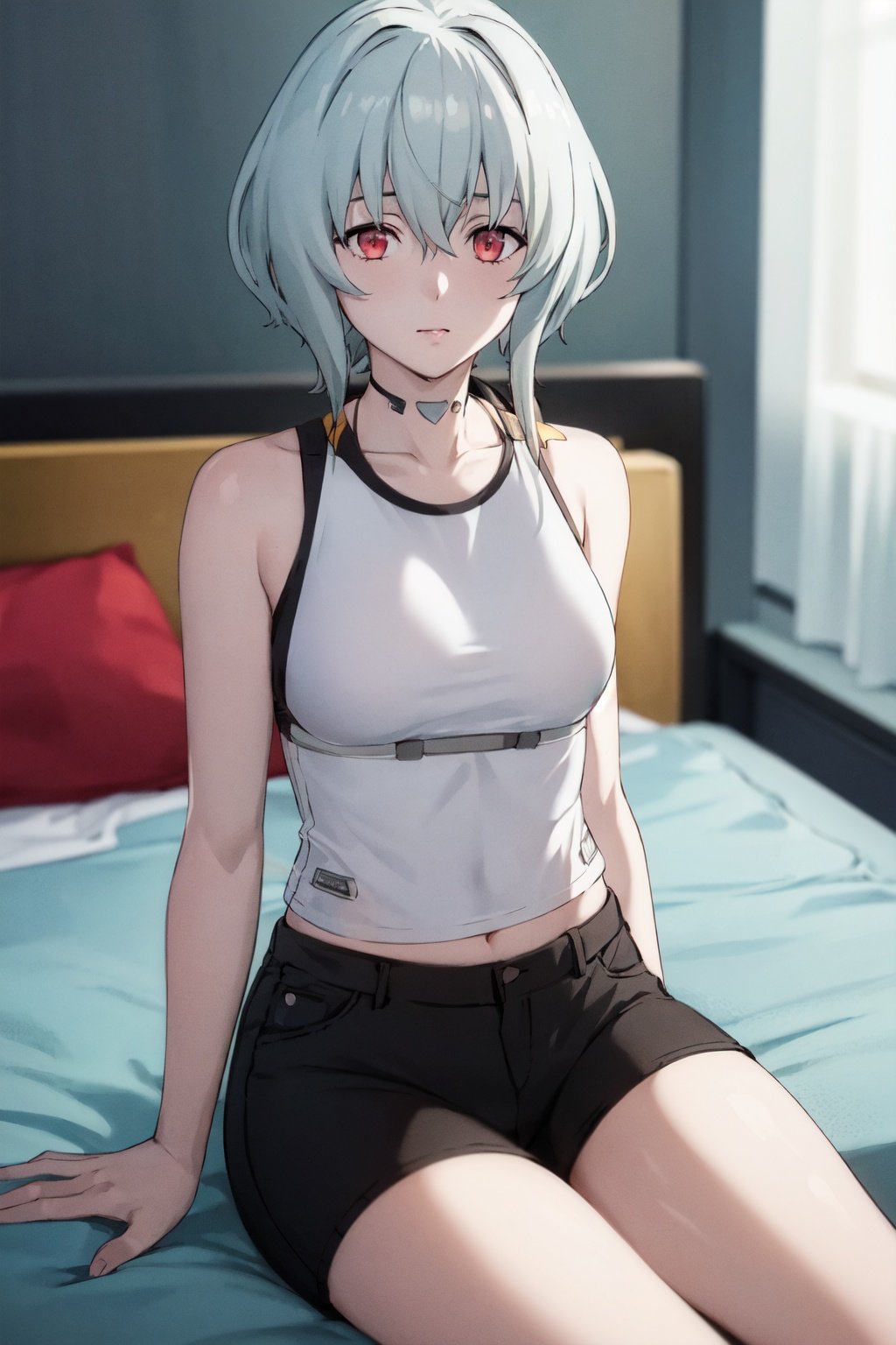 masterpiece, highres, high quality, indoors, 1girl, solo, noir, bedroom, t-shirt, white t-shirt, shorts, sleeveless, sitting, sitting on a bed, medium body, looking at viewer, low ponytail, ponytail,  <lora:noir:0.7>, 