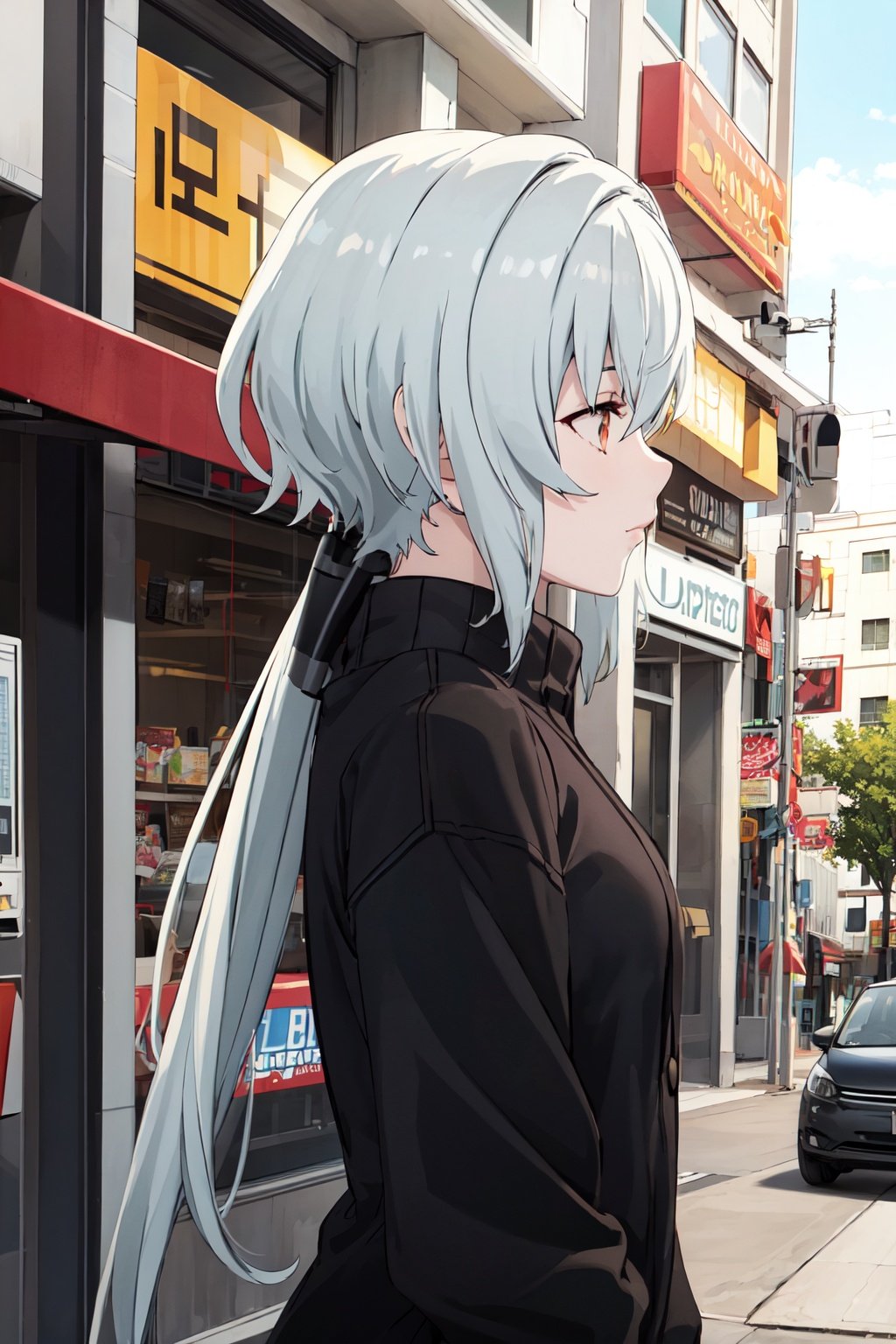 masterpiece, highres, high quality, outdoors, 1girl, solo, noir, city, profile, sweater, black sweater, medium body, low ponytail, ponytail,  <lora:noir:0.6>