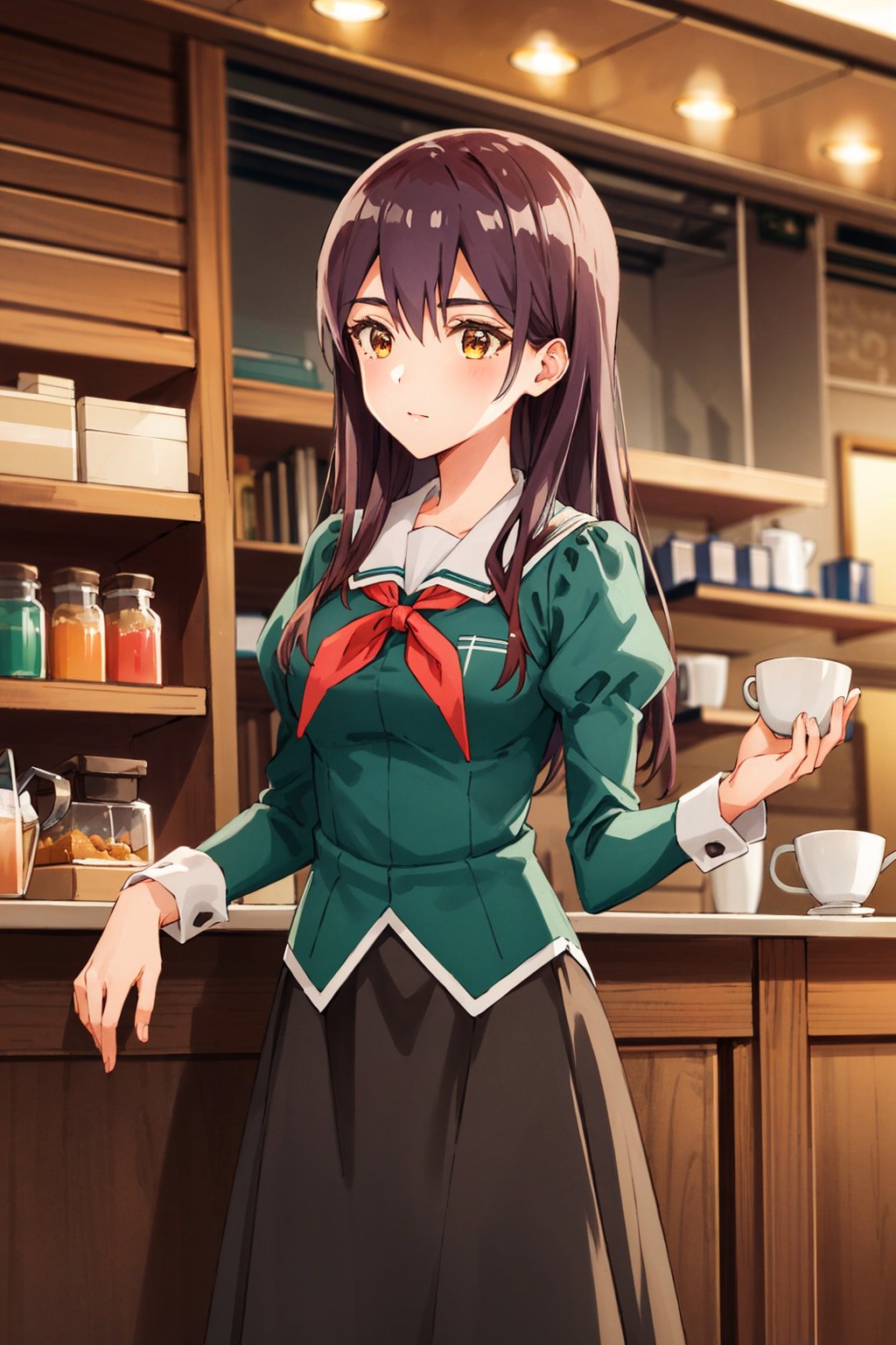 masterpiece, high quality, highres, 1girl, solo, yano, <lora:yano:0.7>, school uniform, long skirt, long sleeves, puffy sleeves, red neckerchief, indoors, coffee shop, cowboy shot