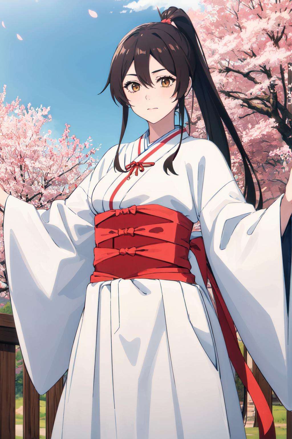 masterpiece, 1girl, solo, high quality, sagiri, <lora:sagiri2:0.7>,  brown hair, red ribbon, hair ribbon, looking at viewer, outdoors, ponytail, standing, kimono, white kimono, obi, wide sleeves, cowboy shot, cherry blossom, dynamic angle