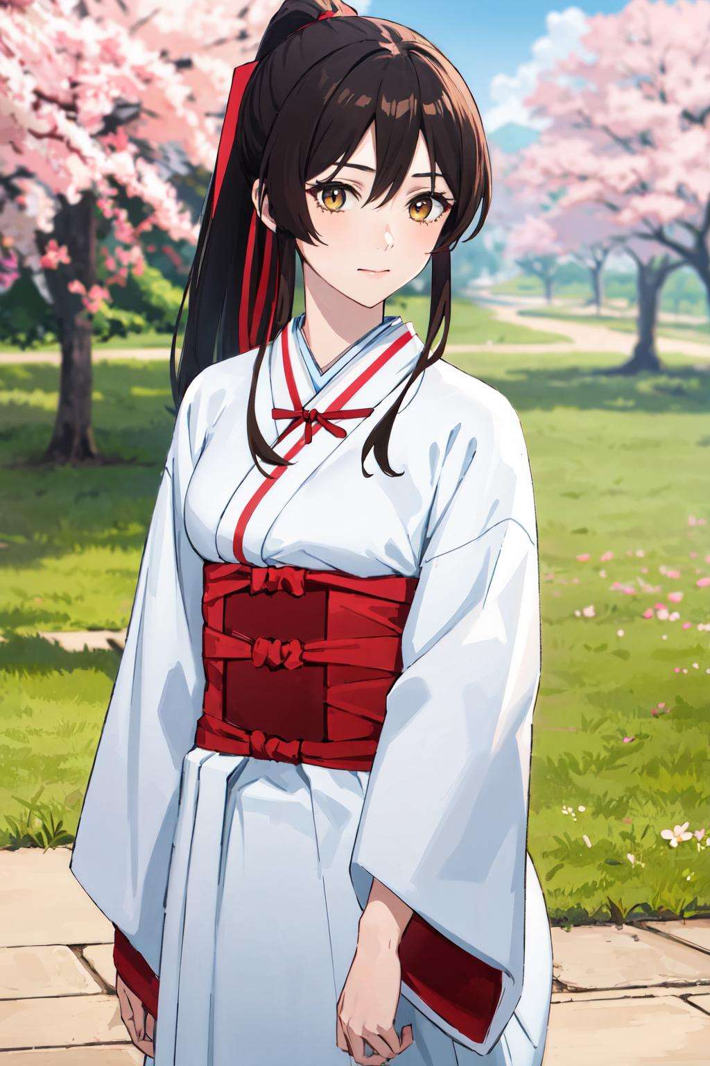 masterpiece, 1girl, solo, high quality, sagiri, <lora:sagiri2:0.7>,  brown hair, red ribbon, hair ribbon, looking at viewer, outdoors, ponytail, standing, kimono, white kimono, obi, wide sleeves, cowboy shot, cherry blossom, dynamic angle