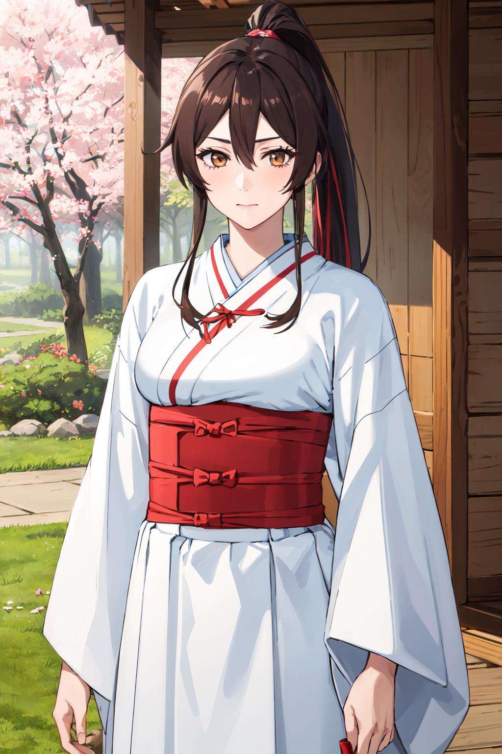 masterpiece, 1girl, solo, high quality, sagiri, <lora:sagiri2:0.7>,  brown hair, red ribbon, hair ribbon, looking at viewer, outdoors, ponytail, standing, kimono, white kimono, obi, wide sleeves, cowboy shot, cherry blossom