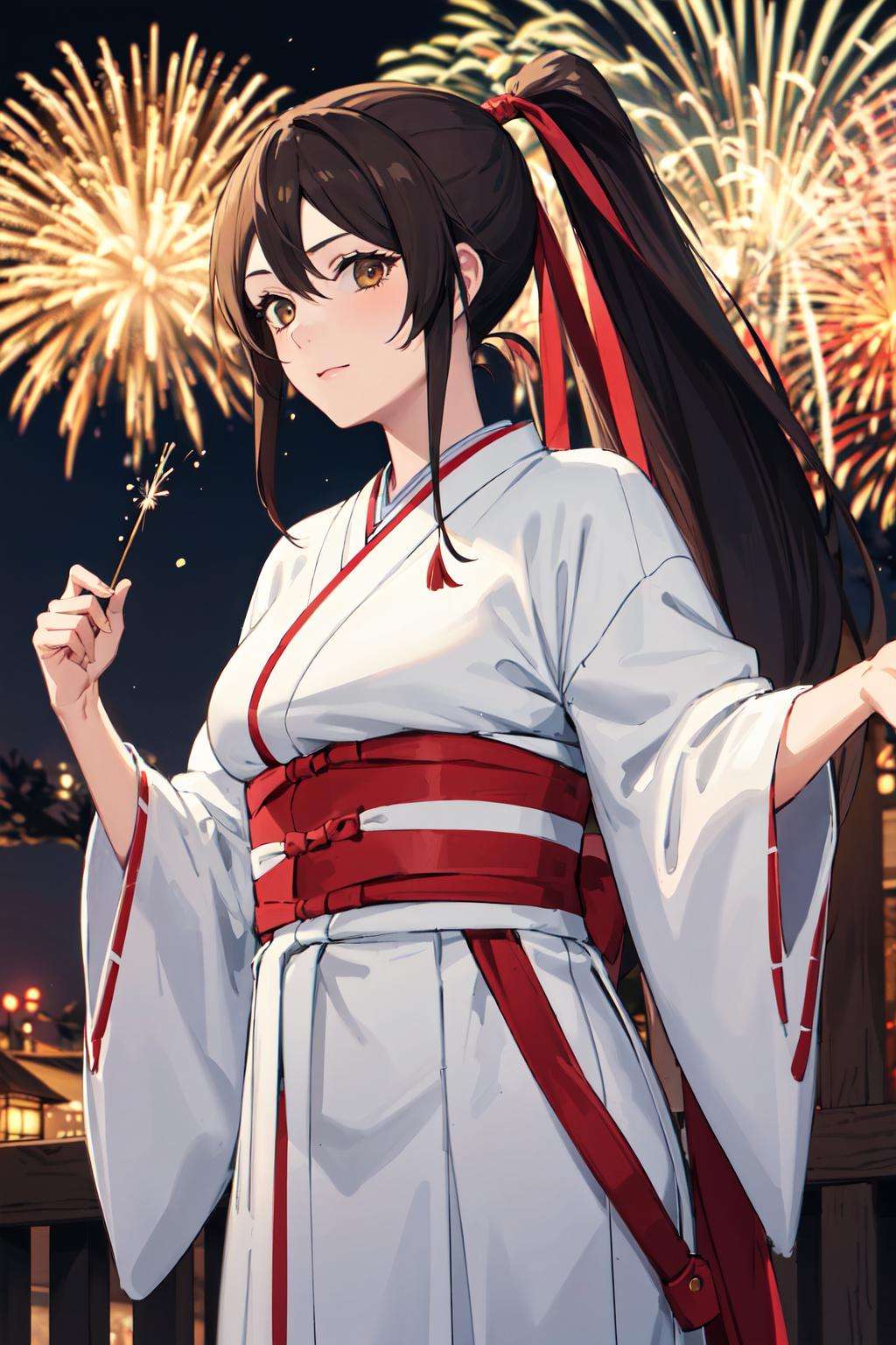 masterpiece, 1girl, solo, high quality, sagiri, <lora:sagiri:0.7>, red ribbon, hair ribbon, brown hair, looking at viewer, outdoors, breasts, ponytail, standing, dynamic pose, wing, cowboy shot, festival, night, kimono, obi, wide sleeves, sky, fireworks