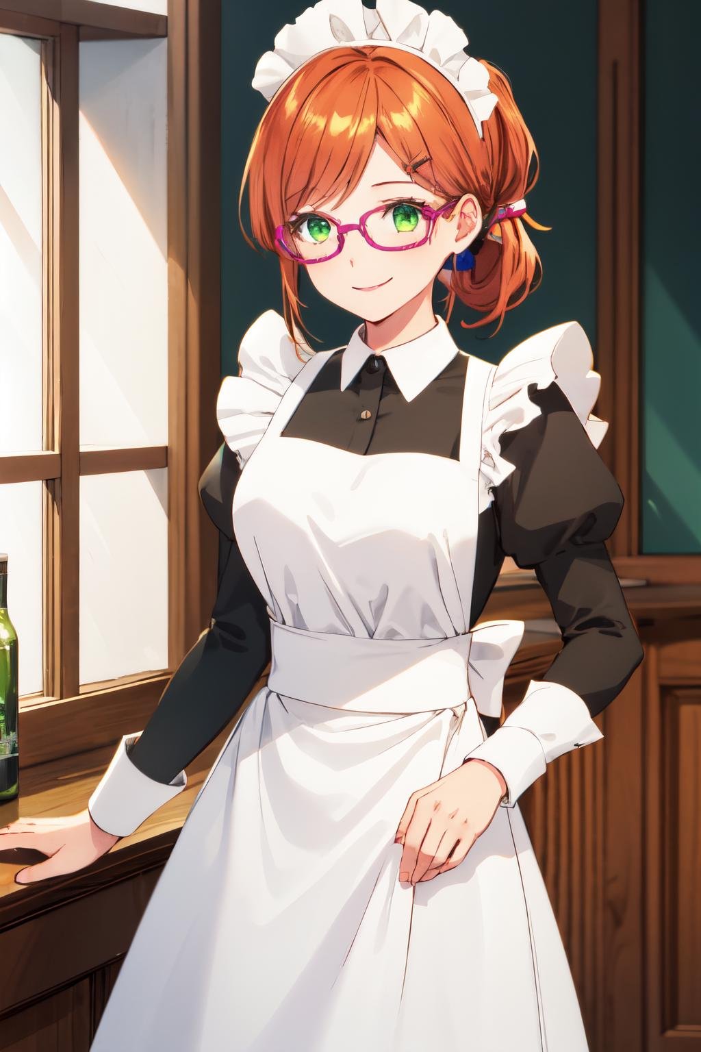 masterpiece, high quality, 1girl, solo, raeliana,  <lora:raeliana:0.7>, green eyes,  dress, (black dress),  long sleeves,  indoors, smile, white apron, maid apron, folded ponytail, maid headdress, hairclip, glasses, pink glasses, cowboy shot