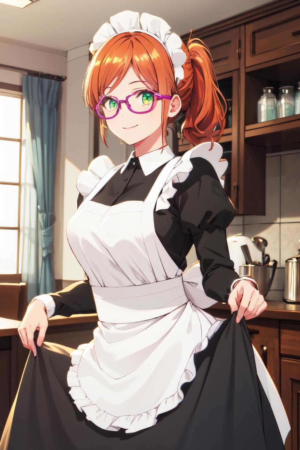 masterpiece, high quality, 1girl, solo, raeliana,  <lora:raeliana:0.7>, green eyes,  dress, (black dress),  long sleeves,  indoors, smile, white apron, maid apron, folded ponytail, maid headdress, hairclip, glasses, pink glasses, cowboy shot, (skirt lift:1.2)