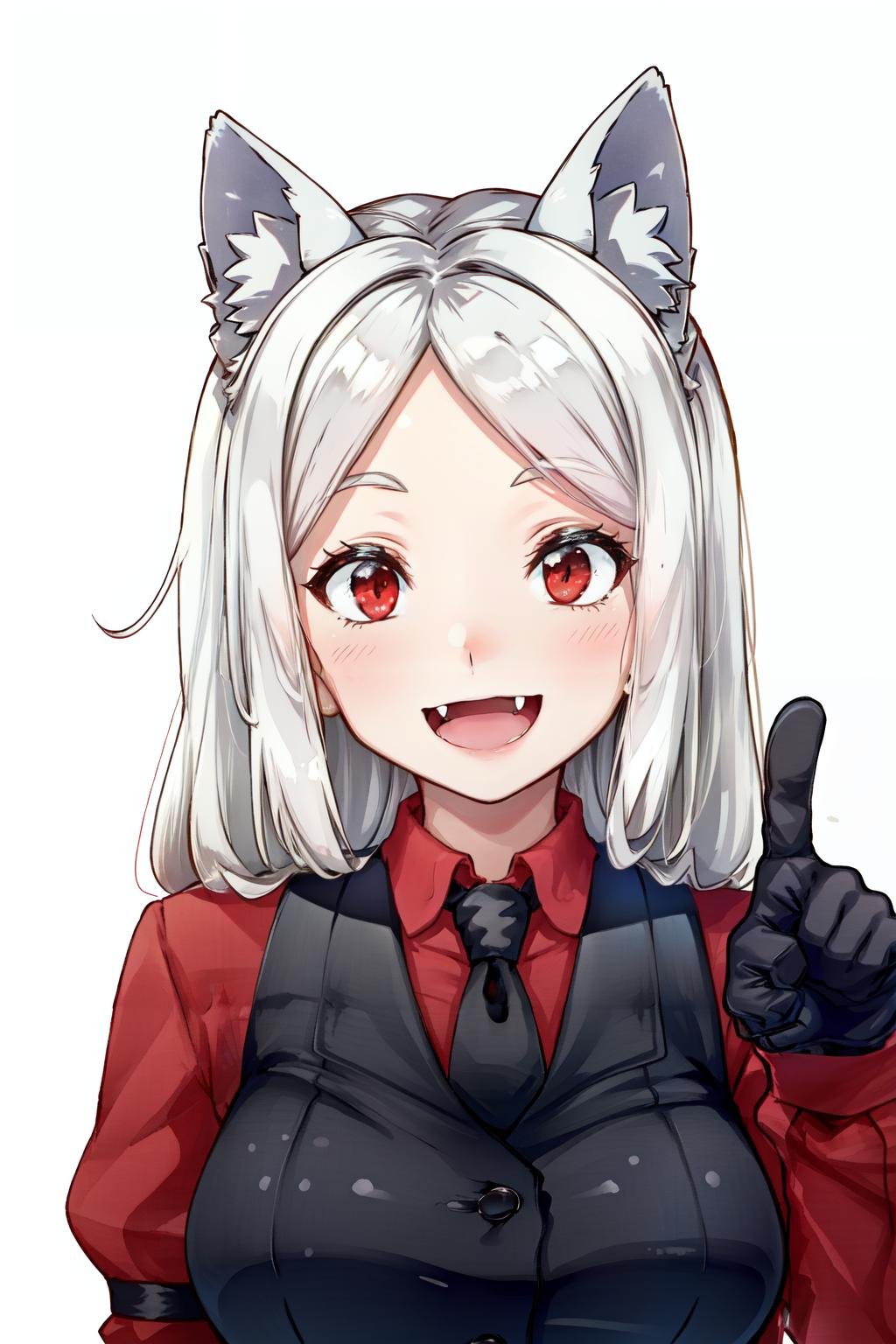 cerberus(helltaker), demon girl, waistcoat, upper body, white hair, shirt, dog ears, collared shirt, long sleeves, dog girl, black vest, 1girl, :d, red eyes, open mouth, red shirt, simple background, animal ears, long hair, necktie, black necktie, solo, smile, fang, black gloves, arm garter, gloves, medium breasts, vest, white background<lora:cerberus-08:0.8> 