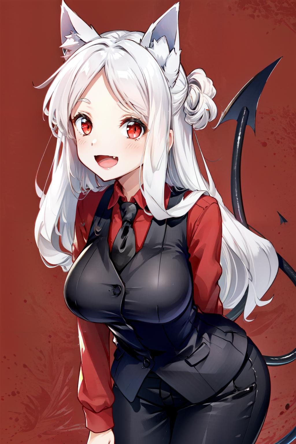 cerberus(helltaker), demon girl, demon tail, waistcoat, pants, white hair, shirt, large breasts, dog ears, collared shirt, long sleeves, red background, black vest, 1girl, :d, red eyes, open mouth, red shirt, animal ear fluff, simple background, looking at viewer, animal ears, long hair, necktie, black necktie, very long hair, blush, solo, smile, fang, tail, leaning forward, black pants, parted bangs, arm garter, vest, low-tied long hair <lora:cerberus-08:0.7> 