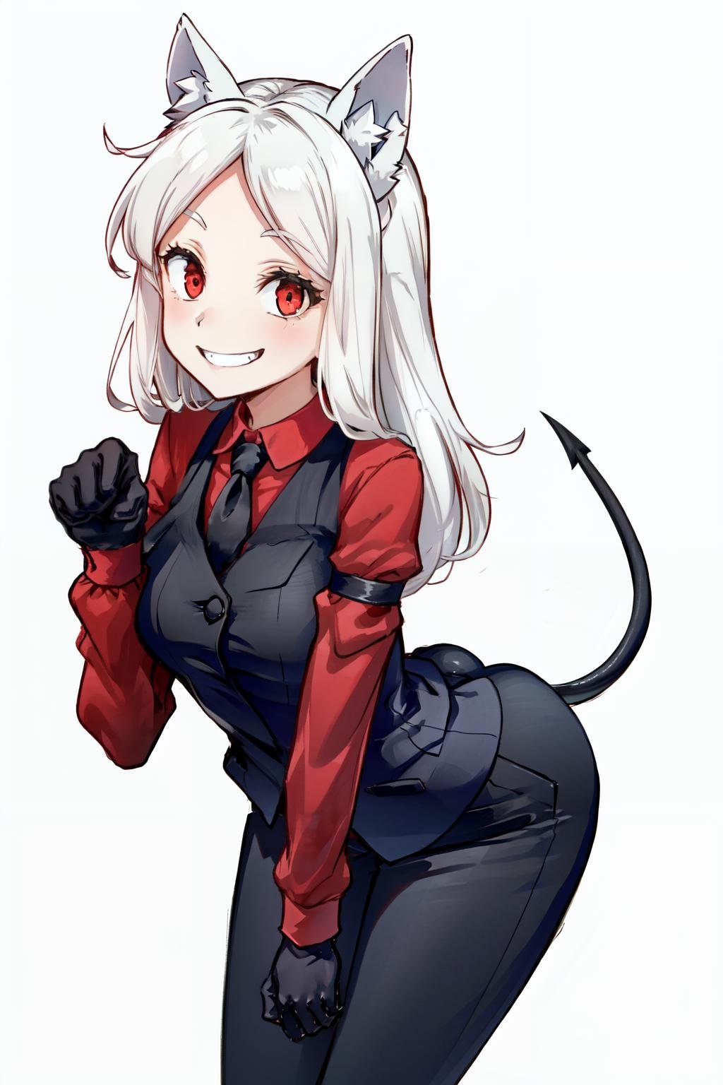 cerberus(helltaker), demon girl, demon tail, waistcoat, pants, white hair, shirt, grin, dog ears, paw pose, collared shirt, long sleeves, dog girl, black vest, 1girl, red eyes, red shirt, simple background, looking at viewer, animal ears, long hair, necktie, black tail, parody, style parody, solo, smile, cropped legs, black gloves, tail, leaning forward, black pants, arm garter, gloves, vest, white background<lora:cerberus-08:0.8> 