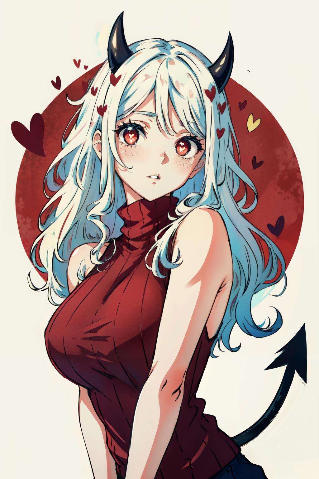 modeus(helltaker), black horns, large breasts, parted lips, red eyes, sleeveless turtleneck, symbol-shaped pupils, sleeveless sweater, solo, sweater, long hair, white hair, demon tail, sleeveless, bare arms, ribbed sweater, blush, turtleneck, 1girl, turtleneck sweater, heart, demon horns, tail, horns, heart-shaped pupils, red sweater, looking at viewer, bare shoulders, demon girl<lora:modeus-10:1>