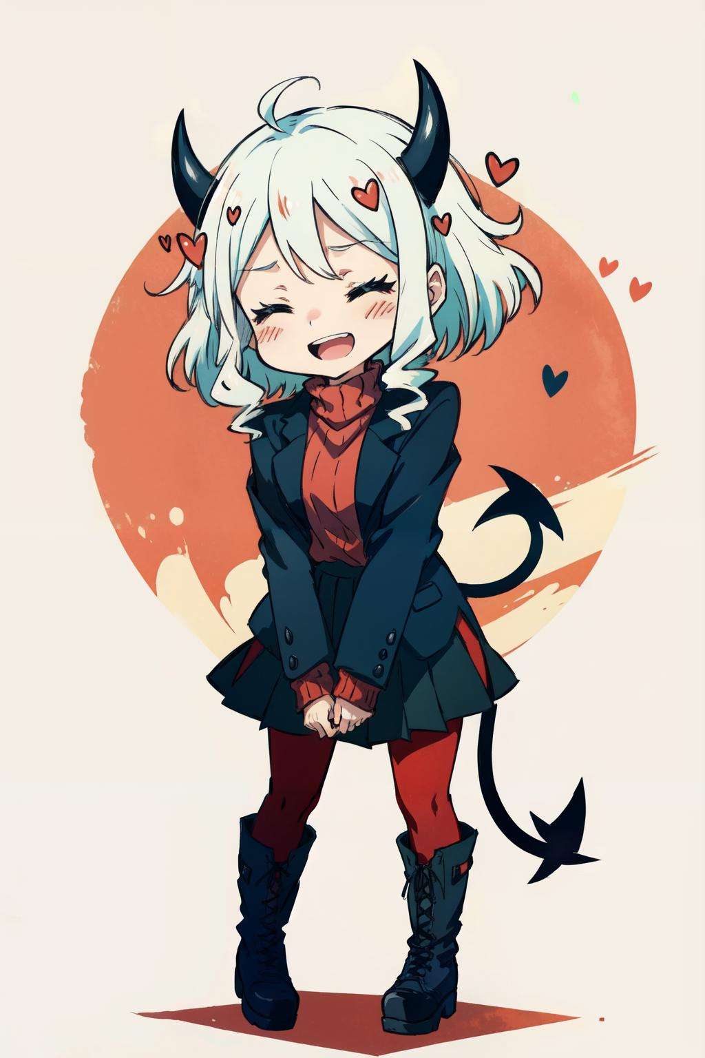 modeus(helltaker), open mouth, simple background, long sleeves, black skirt, solo, sweater, white hair, medium hair, demon tail, smile, chibi, ribbed sweater, :d, skirt, blush, black jacket, 1girl, heart, jacket, demon horns, tail, pantyhose, black tail, horns, blush stickers, closed eyes, red sweater, red background, boots, red pantyhose, demon girl<lora:modeus-10:1>