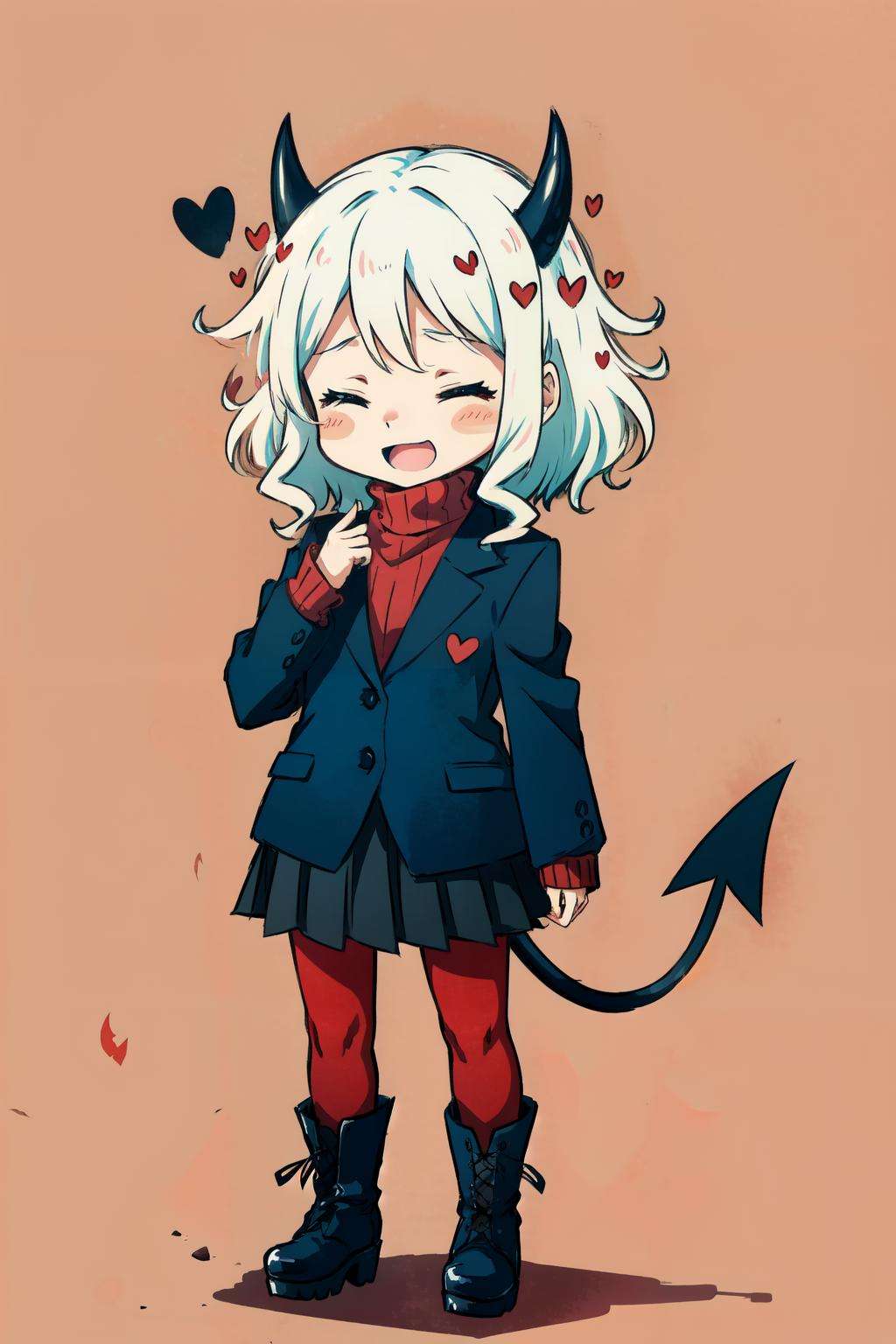 modeus(helltaker), open mouth, simple background, long sleeves, black skirt, solo, sweater, white hair, medium hair, demon tail, smile, chibi, ribbed sweater, :d, skirt, blush, black jacket, 1girl, heart, jacket, demon horns, tail, pantyhose, black tail, horns, blush stickers, closed eyes, red sweater, red background, boots, red pantyhose, demon girl<lora:modeus-10:1>