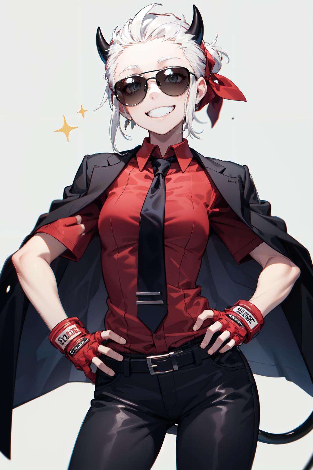 justice(helltaker), black horns, smile, tail, pants, black pants, white hair, grin, belt, sparkle, demon horns, red shirt, shirt tucked in, cowboy shot, necktie, tie clip, horns, sunglasses, simple background, fingerless gloves, black necktie, shirt, 1girl, black belt, black jacket, solo, demon girl, collared shirt, gloves, jacket, jacket on shoulders, short hair, hand on hip, demon tail, red gloves <lora:justice:1> 