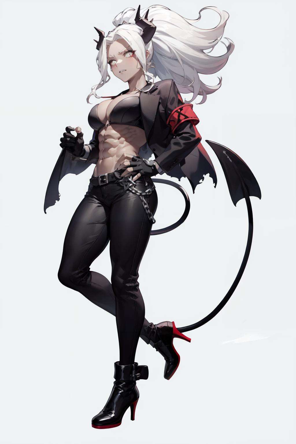 judgement(helltaker), black horns, white hair, 1girl, abs, ponytail, full body, red background, black pants, black jacket, gloves, fingerless gloves, dark skin, demon girl, high heels, black footwear, dark-skinned female, demon horns, red gloves, white eyes, pants, boots, underwear, tail, simple background, bra, muscular, jacket, black bra, demon tail, muscular female, horns, chain <lora:judgement:1> 