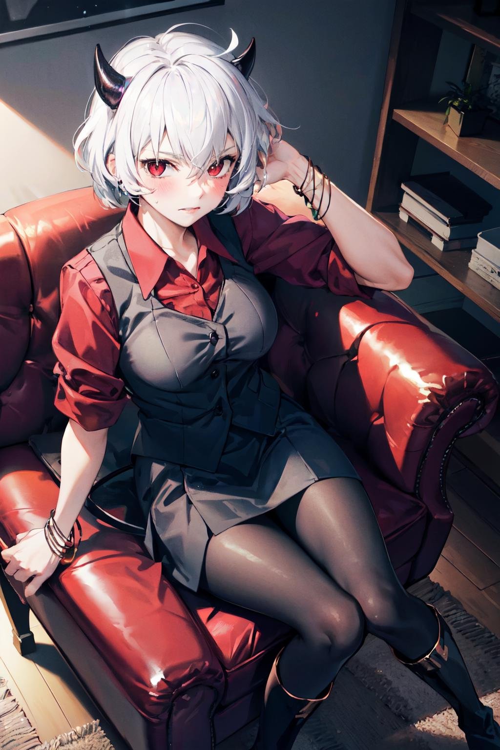 malina(helltaker), large breasts, black horns, white hair, bracelet, short hair, blush, black pantyhose, black skirt, demon horns, demon girl, solo, demon tail, red shirt, 1girl, boots, sitting, waistcoat, vest, red eyes, jewelry, black vest, knee boots, from above, couch, looking at viewer<lora:malina:1> 