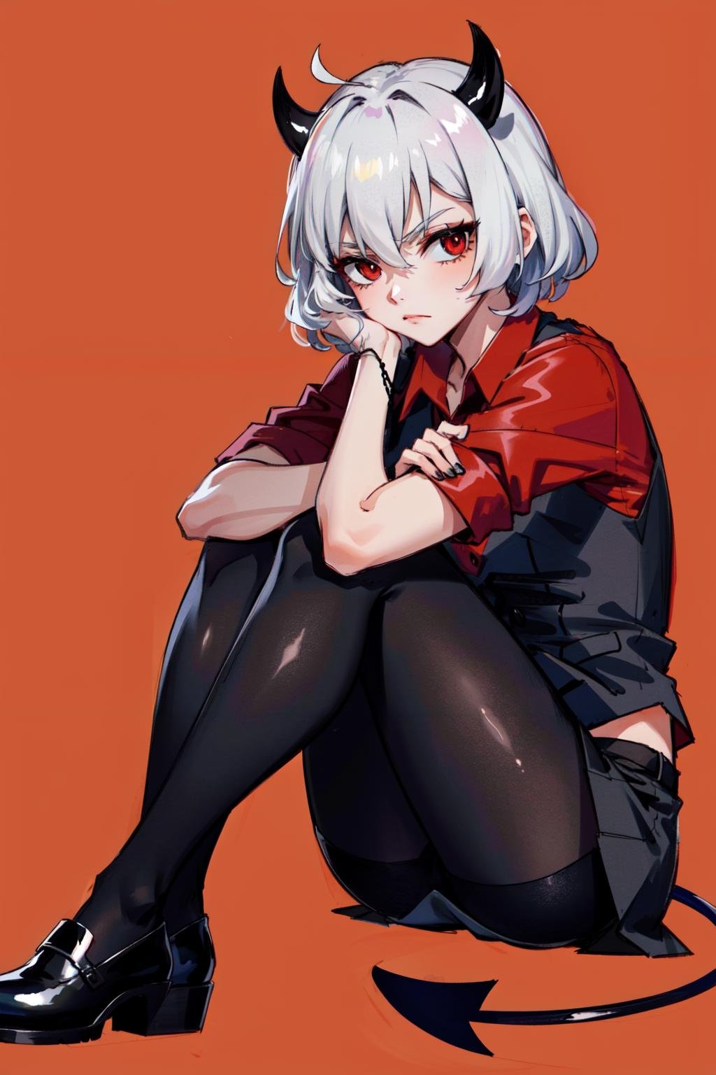 <lora:malina:1> malina(helltaker), crossed arms, black horns, white hair, shirt, short hair, black pantyhose, black skirt, demon horns, demon girl, solo, demon tail, pantyhose, red shirt, 1girl, waistcoat, vest, skirt, red eyes, black vest, red background, horns, tail, simple background