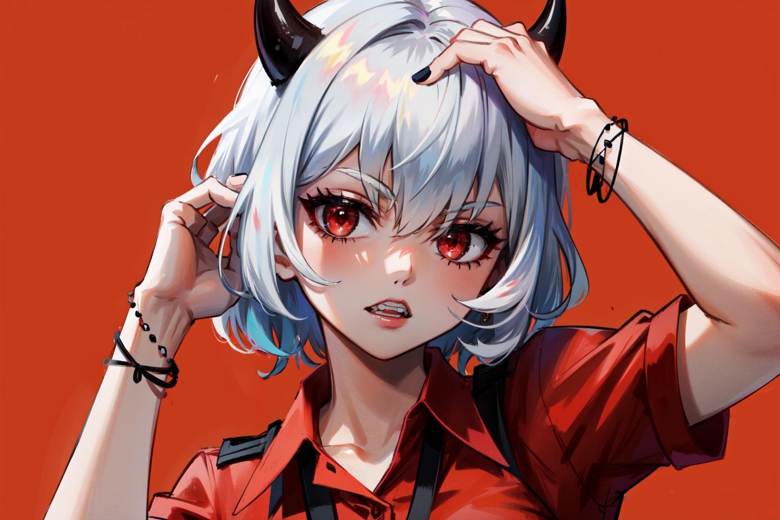 <lora:malina:0.9>malina(helltaker), black nails, teeth, black horns, white hair, bracelet, shirt, short hair, demon horns, demon girl, solo, red shirt, 1girl, hand on own head, jewelry, red eyes, collared shirt, simple background, horns, looking at viewer, hair between eyes, white background