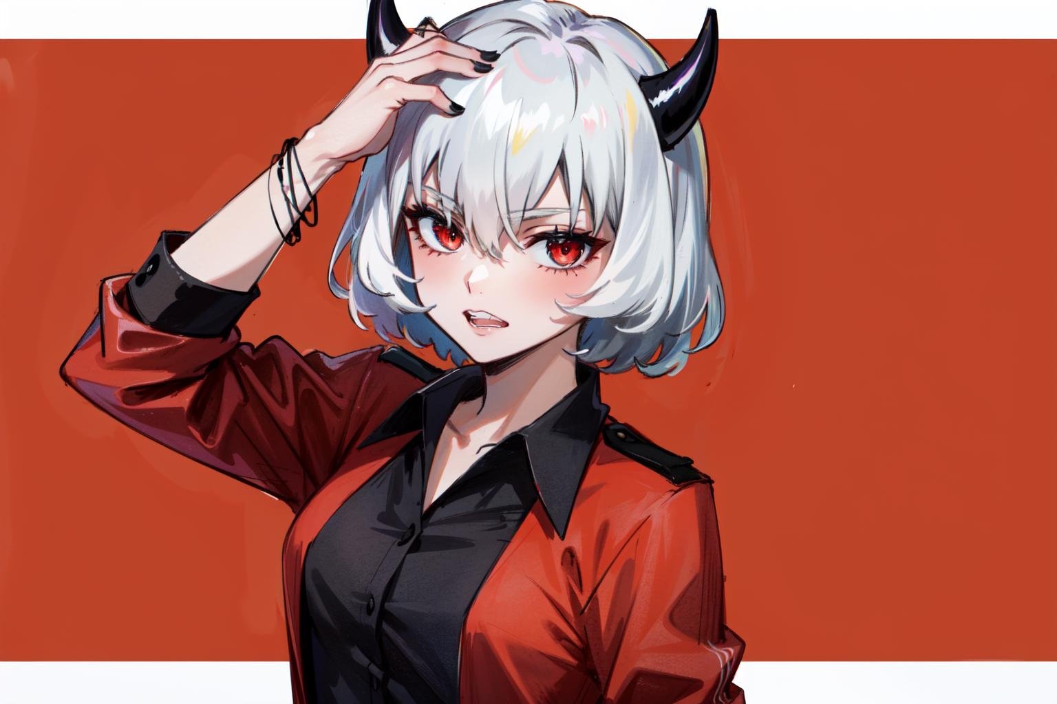 <lora:malina:0.9>malina(helltaker), black nails, teeth, black horns, white hair, bracelet, shirt, short hair, demon horns, demon girl, solo, red shirt, 1girl, hand on own head, jewelry, red eyes, collared shirt, simple background, horns, looking at viewer, hair between eyes, white background