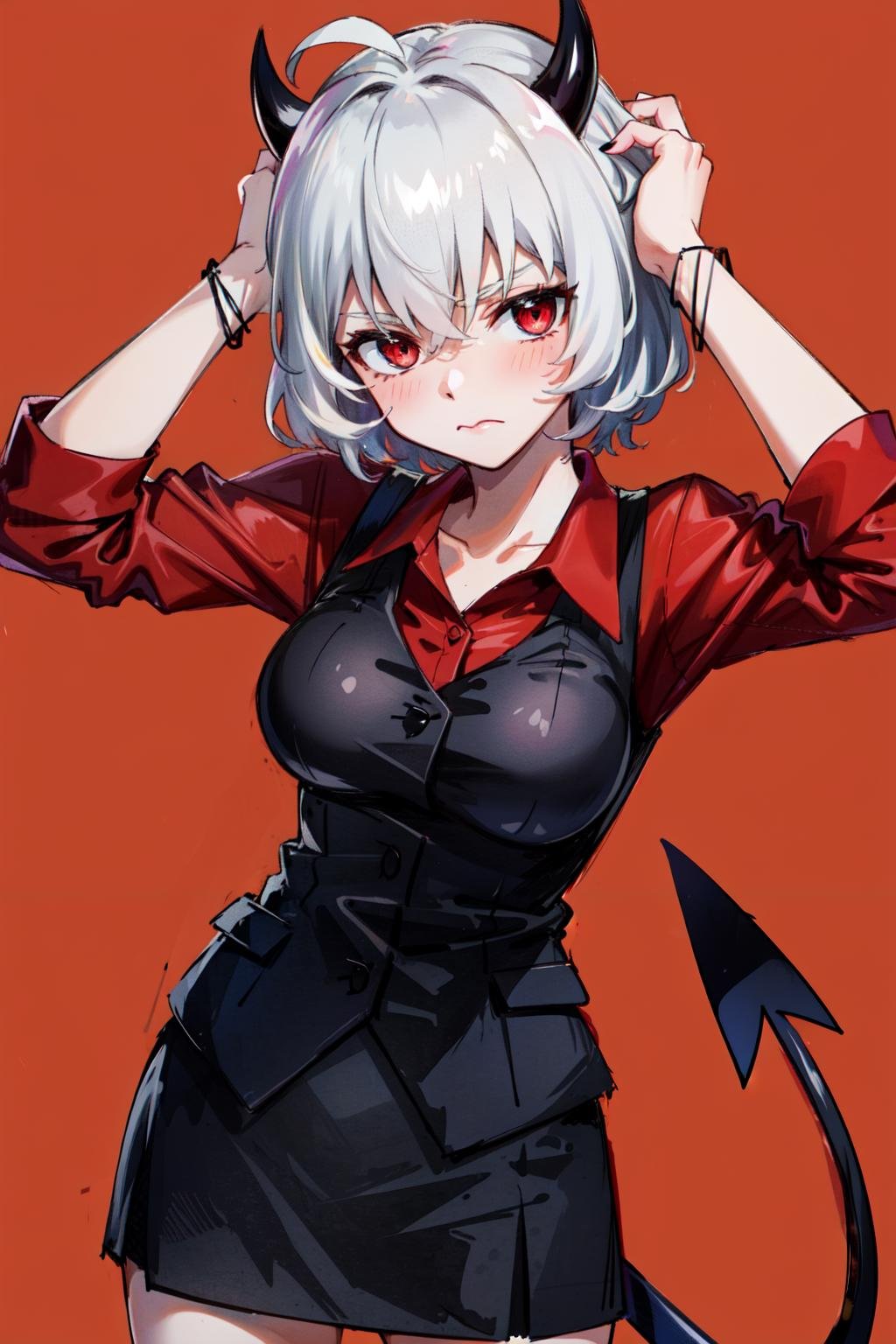 <lora:malina:1> malina(helltaker), large breasts, black horns, white hair, shirt, short hair, blush, black skirt, demon horns, demon girl, solo, demon tail, looking at viewer, red shirt, 1girl, red background, hand on own head, waistcoat, vest, skirt, red eyes, black vest, black tail, simple background, horns, tail