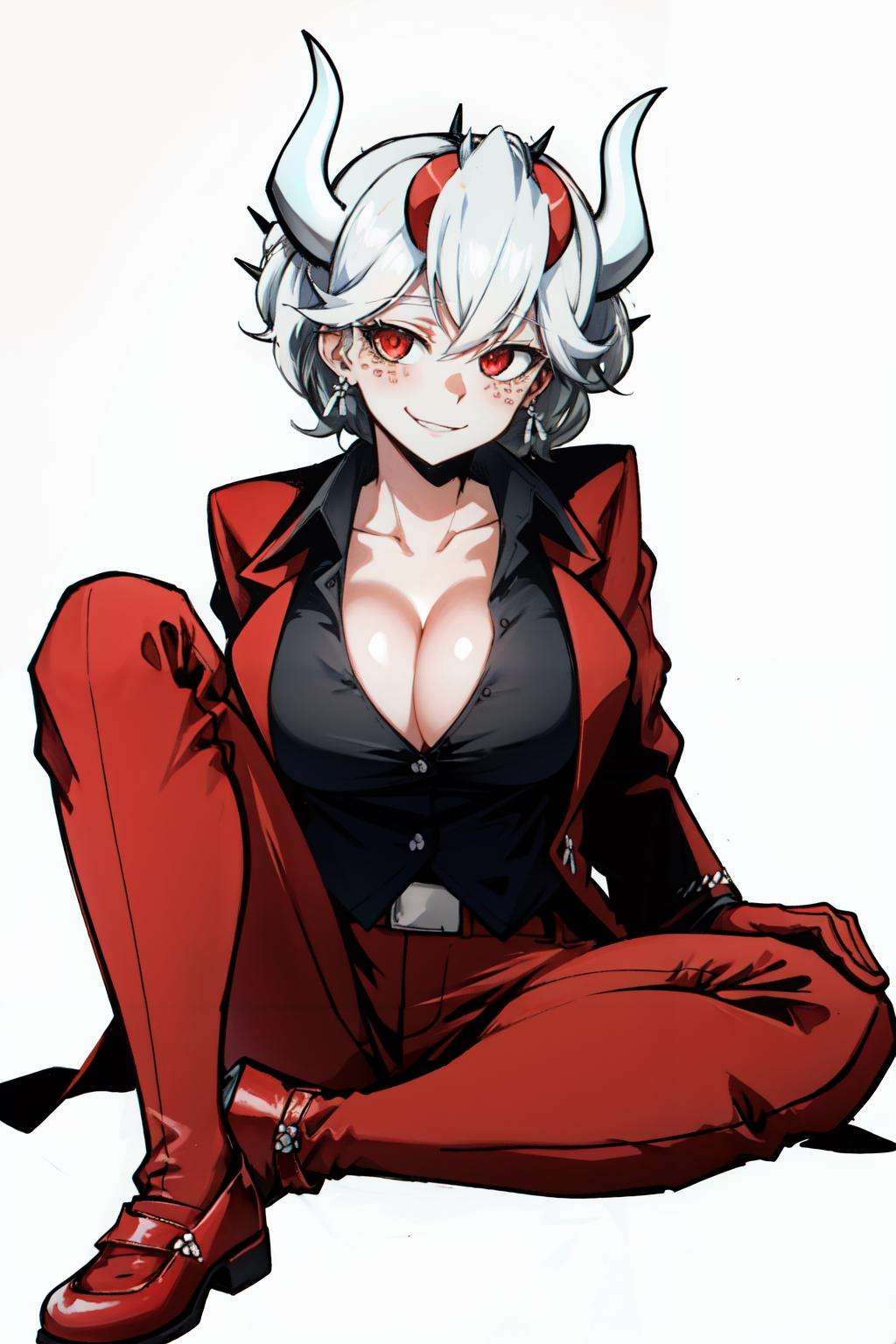 <lora:beelzebub-10:1>beelzebub(helltaker), freckles, white background, collarbone, 1girl, pants, large breasts, red eyes, looking at viewer, demon horns, white hair, vest, shirt, waistcoat, blush, smile, red footwear, red pants, short hair, earrings, demon girl, red gloves, cleavage, black shirt, gloves, jewelry, simple background, collared shirt, horns, white horns, solo, sitting