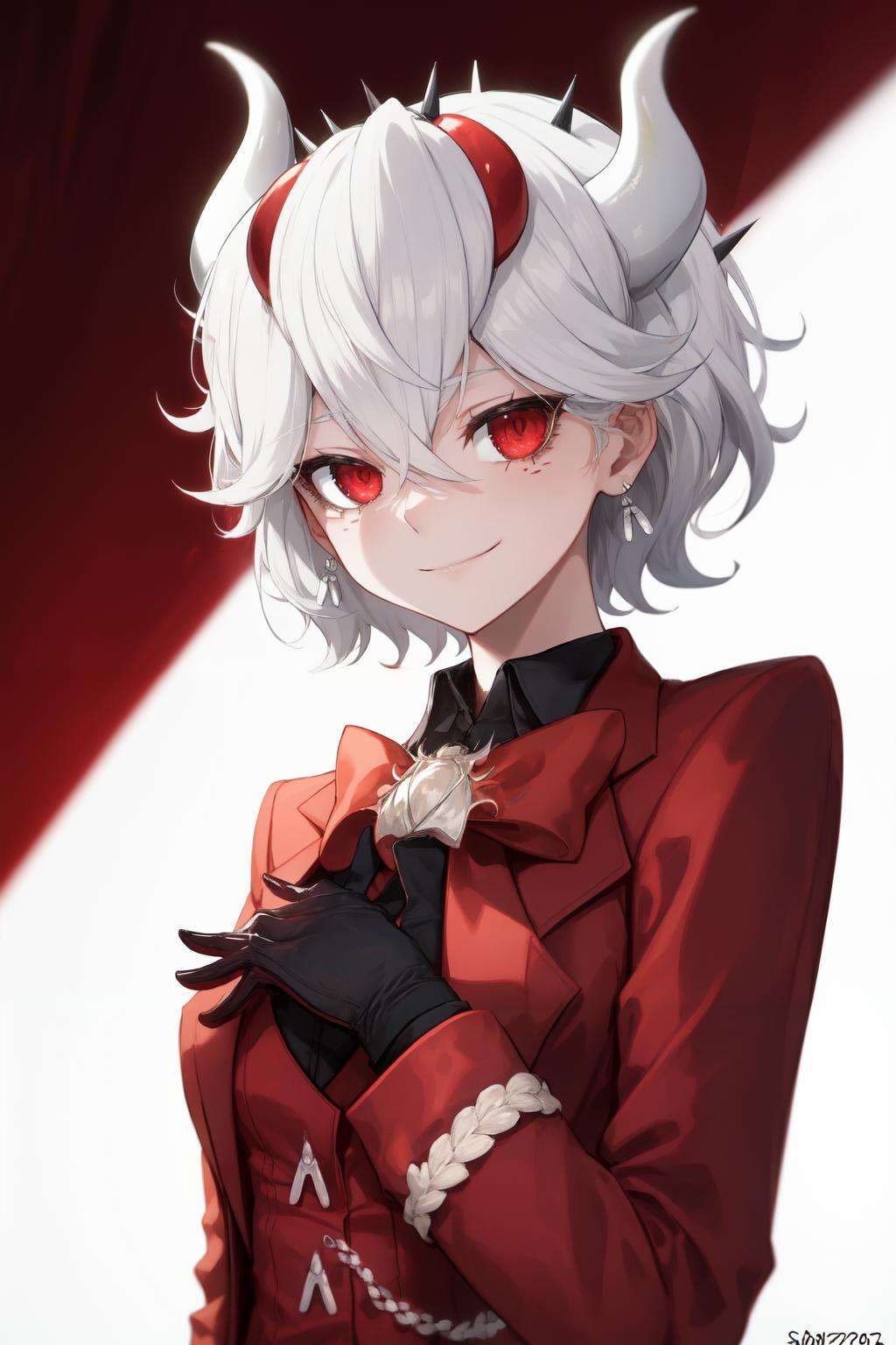 <lora:beelzebub-10:1>beelzebub(helltaker), red bowtie, white background, 1girl, suit, looking at viewer, red eyes, jacket, demon horns, white hair, vest, red bow, shirt, formal, bow, upper body, waistcoat, smile, earrings, closed mouth, demon girl, red gloves, black shirt, bowtie, gloves, jewelry, simple background, red jacket, horns, white horns, solo, hair between eyes, short hair