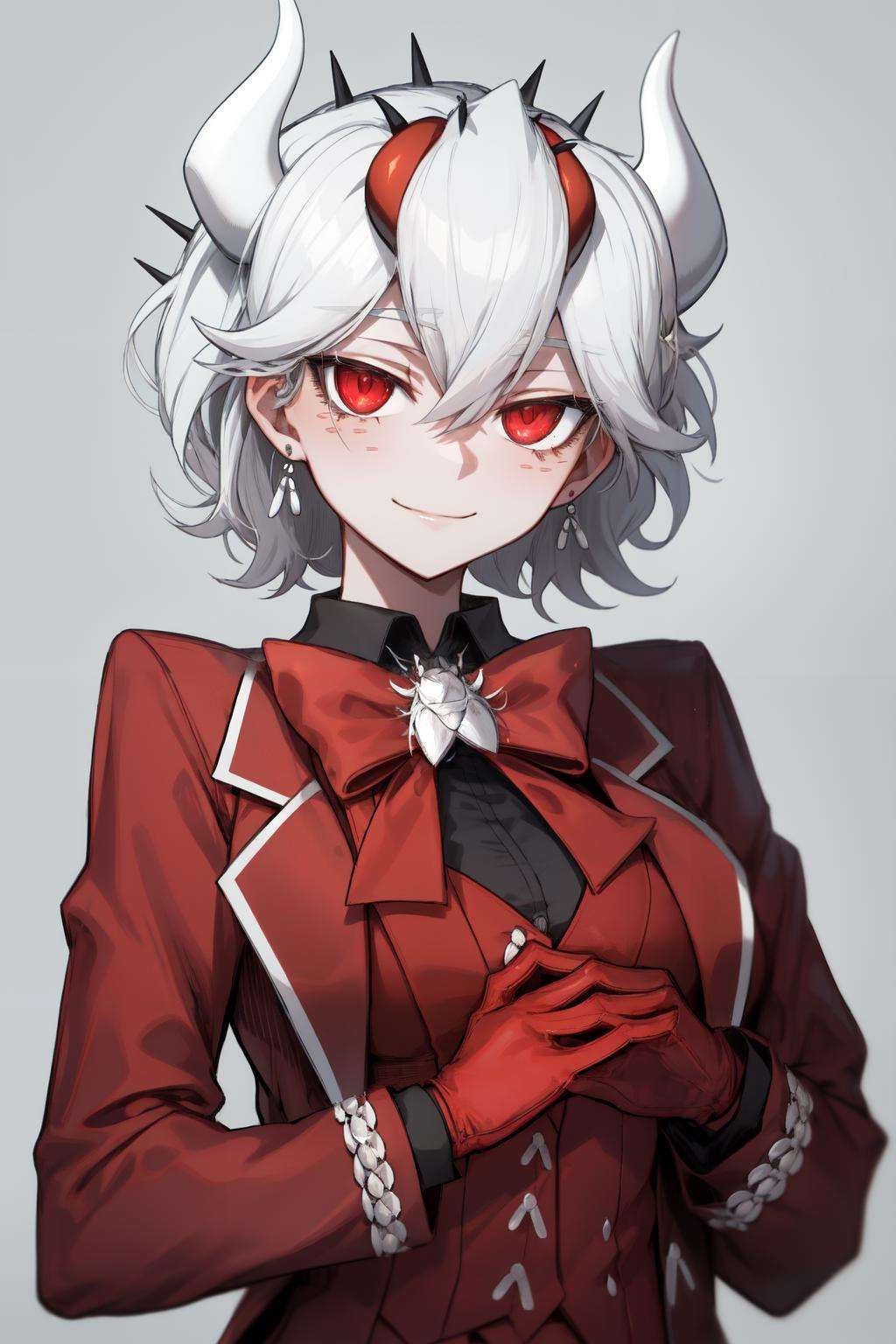 <lora:beelzebub-10:1>beelzebub(helltaker), red bowtie, white background, 1girl, suit, looking at viewer, red eyes, jacket, demon horns, white hair, vest, red bow, shirt, formal, bow, upper body, waistcoat, smile, earrings, closed mouth, demon girl, red gloves, black shirt, bowtie, gloves, jewelry, simple background, red jacket, horns, white horns, solo, hair between eyes, short hair