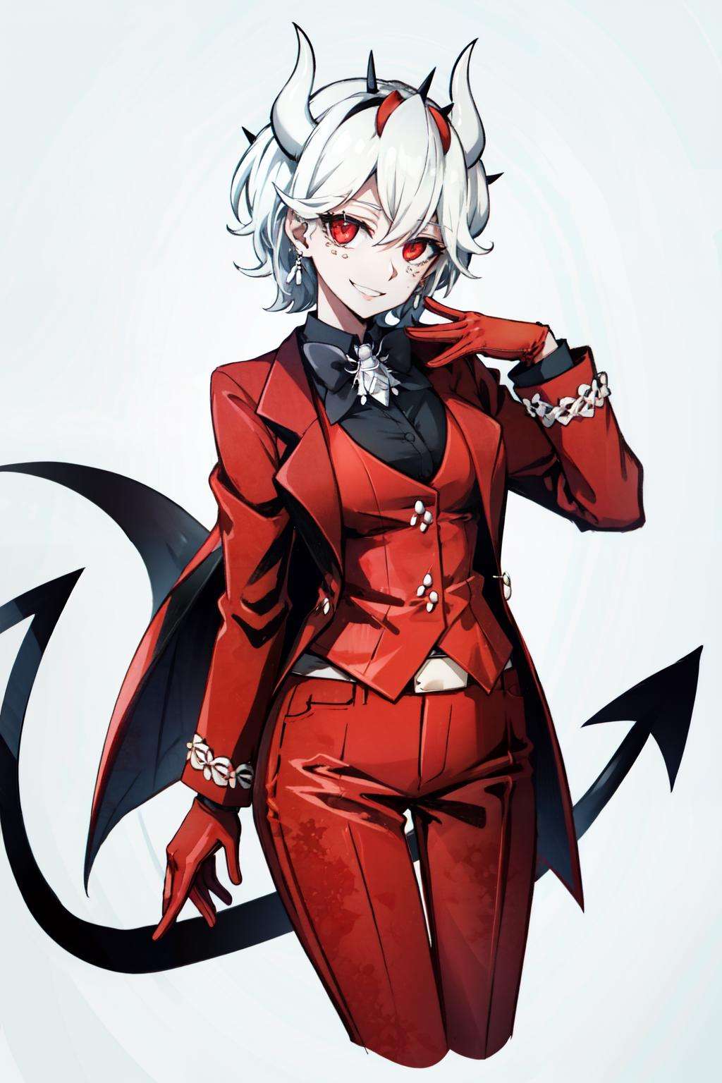 <lora:beelzebub-10:0.7>beelzebub(helltaker), freckles, white background, tail, 1girl, pants, suit, cropped legs, looking at viewer, red eyes, demon horns, white hair, vest, shirt, formal, waistcoat, demon tail, smile, earrings, demon girl, red gloves, gloves, jewelry, simple background, horns, white horns, solo, business suit, short hair