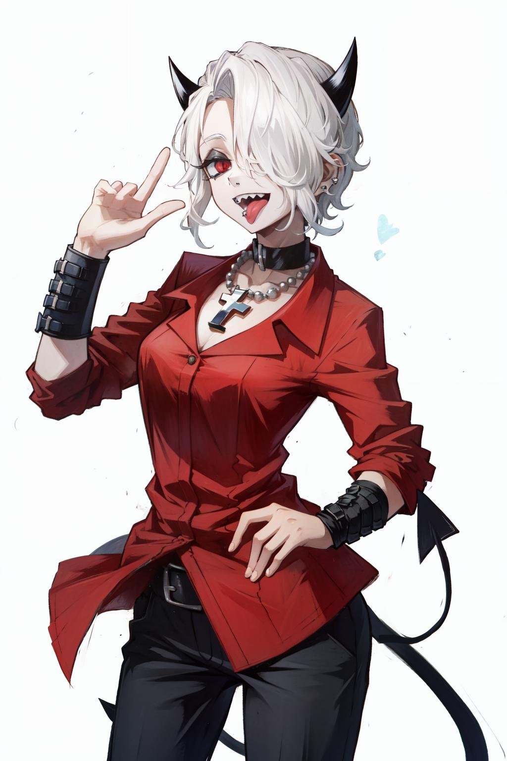 zdrada(helltaker), solo, short hair, demon girl, black horns,  1girl, demon horns, red eyes, white background, ,white hair, demon tail, tail, hair over one eye, horns, ear piercing, simple background , red shirt, collared shirt, cross necklace, cross, choker, black pants, sharp teeth, tongue out, tongue, long tongue, tongue piercing, <lora:zdrada:1>