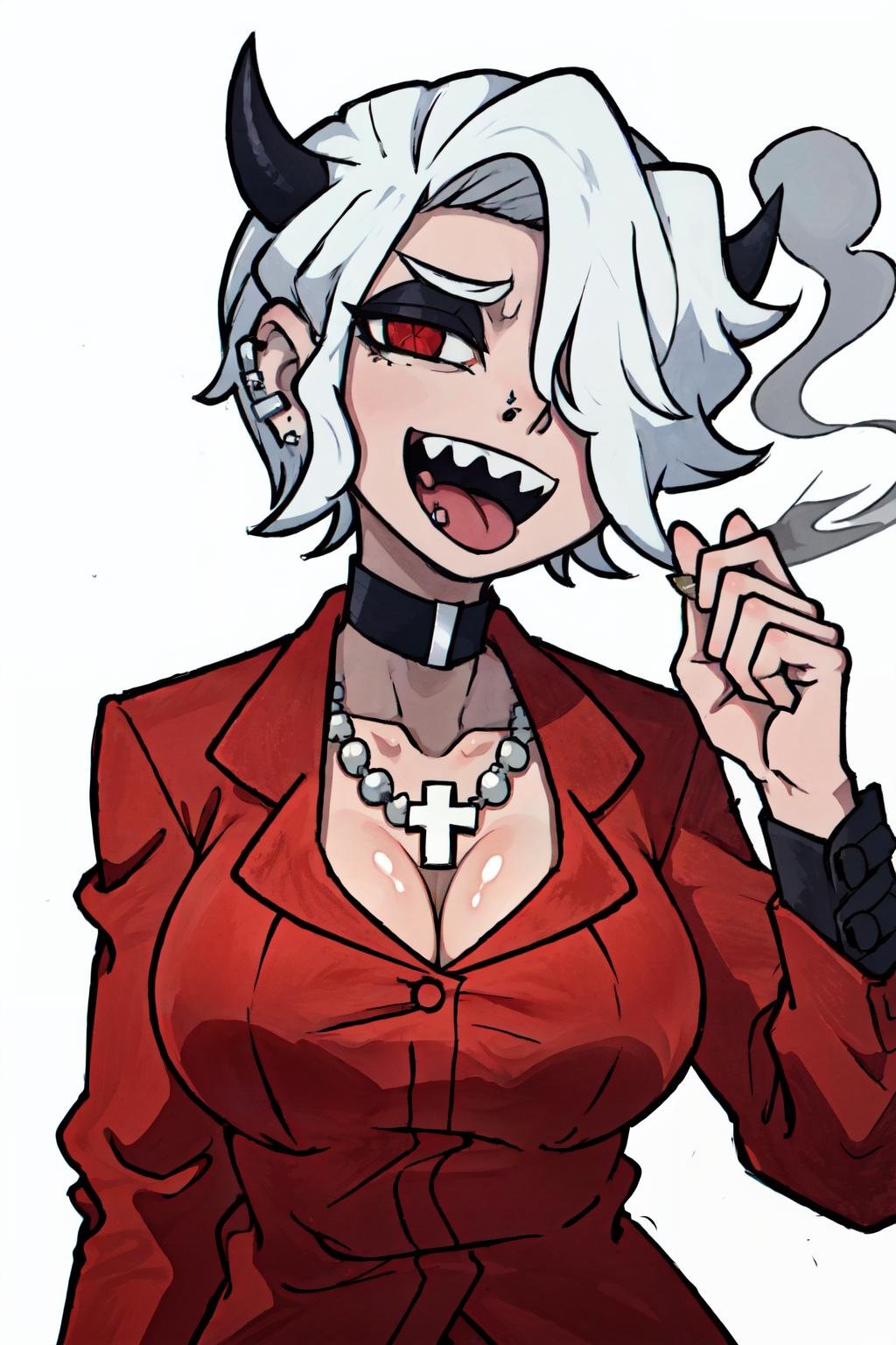 zdrada(helltaker), solo, short hair, white hair , large breasts, red shirt , collarbone, collared shirt, black choker , cross necklace,sharp teeth, demon horn , black horn , hair over one eye, red eyes, tongue out, long tongue, cleavage, white background, smoking, ear piercing, nose piercing, <lora:zdrada-09:1>