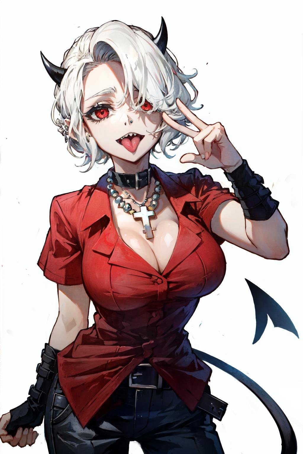 zdrada(helltaker), solo, short hair, demon girl, black horns, cleavage, 1girl, open mouth, jewelry, piercing, gloves, demon horns, red eyes, white background, black pants, tongue piercing, cross, cross necklace, tongue out, sharp teeth, looking at viewer, white hair, tongue, belt, pants, demon tail, shirt, large breasts, fingerless gloves, tail, horns, choker, teeth, necklace, red shirt<lora:zdrada-07:1>