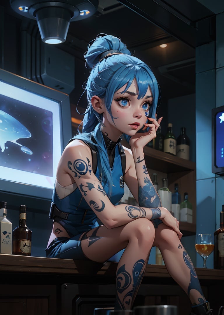 a blue female alien with symbols tattooed on her face and arms. sitting in a bar on a distant space station.