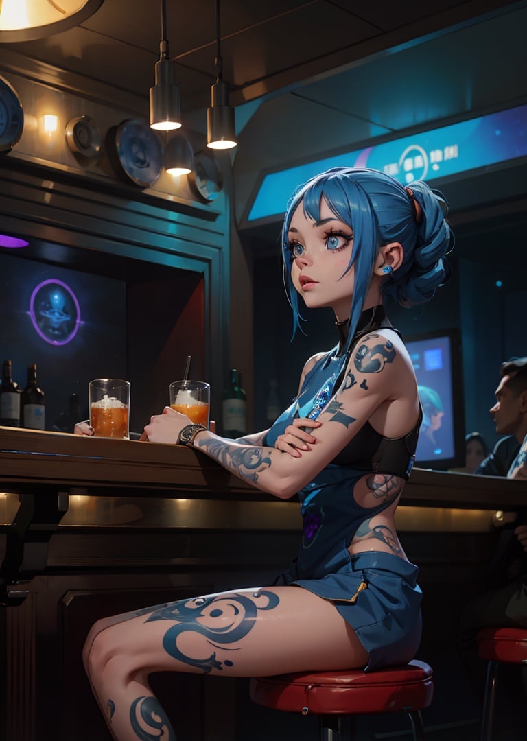 a blue female alien with symbols tattooed on her face and arms. sitting in a bar on a distant space station.