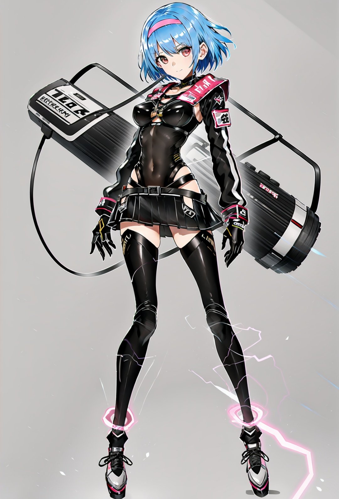 sssr,((masterpiece)),((best quality)),8k,high detailed,ultra-detailed,1girl, full body, standing, pink eyes,solo, looking at viewer,short hair,blue hair, closed mouth, skirt, medium breasts,   black gloves, pleated skirt, belt, High-heeled shoes, skin tight,sling, taut clothes, ar-15 ,Electric arc, <lora:sssrV5:1> 