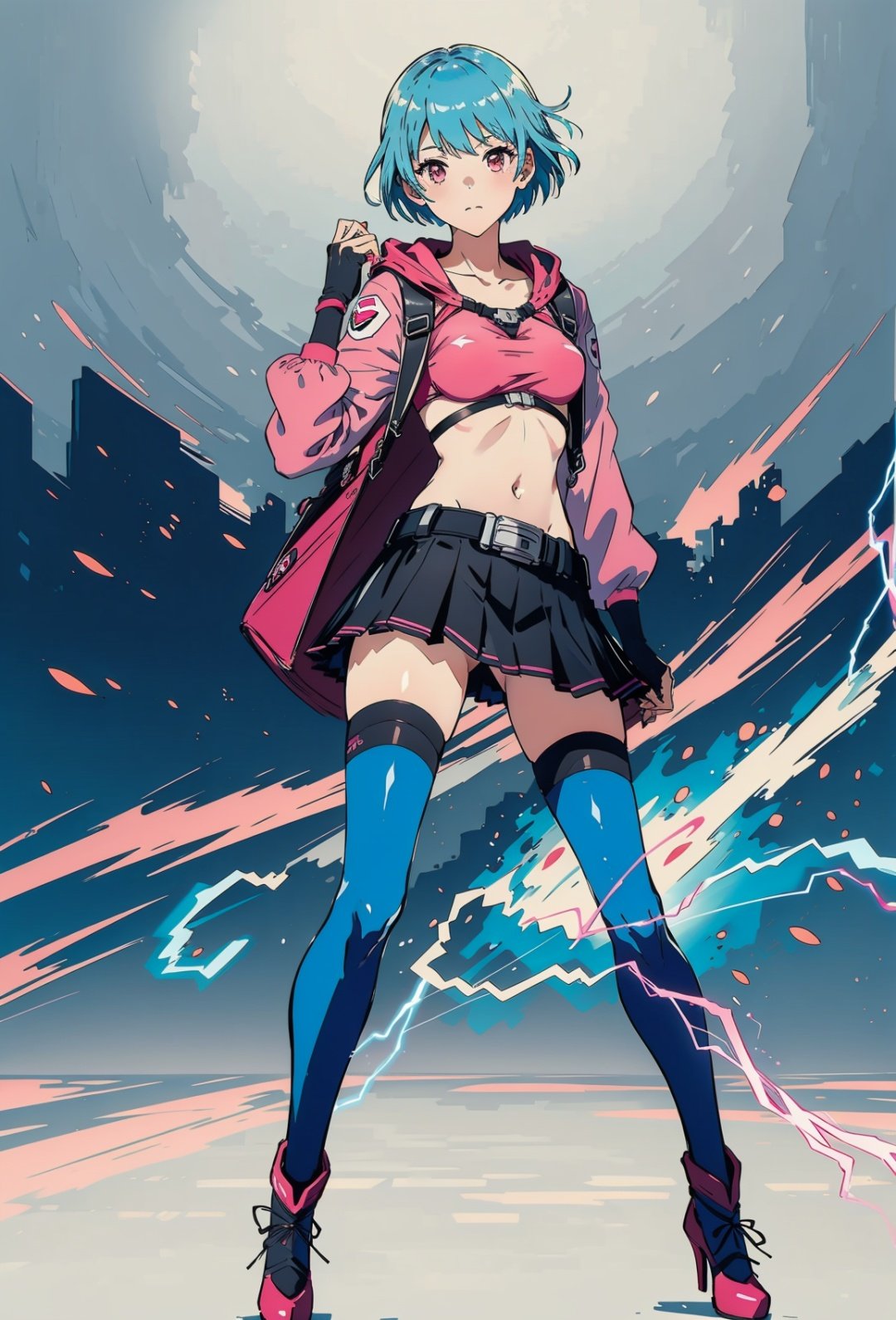 sssr,((masterpiece)),((best quality)),8k,high detailed,ultra-detailed,1girl, full body, standing, pink eyes,solo, looking at viewer,short hair,blue hair, closed mouth, skirt, medium breasts,   black gloves, pleated skirt, belt, High-heeled shoes, skin tight,sling, taut clothes, ar-15 ,Electric arc, <lora:sssrV5-000001:0.8> 