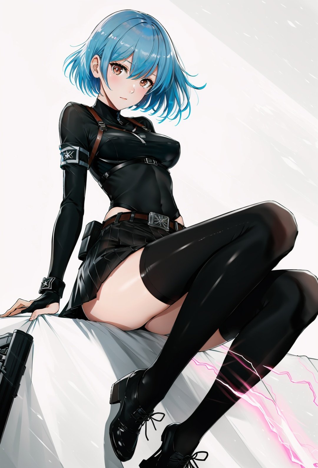 sssr,((masterpiece)),((best quality)),8k,high detailed,ultra-detailed,1girl, full body, standing, pink eyes,solo, looking at viewer,short hair,blue hair, closed mouth, skirt, medium breasts,   black gloves, pleated skirt, belt, High-heeled shoes, skin tight,sling, taut clothes, ar-15 ,Electric arc, <lora:sssrV5-000007:1> 