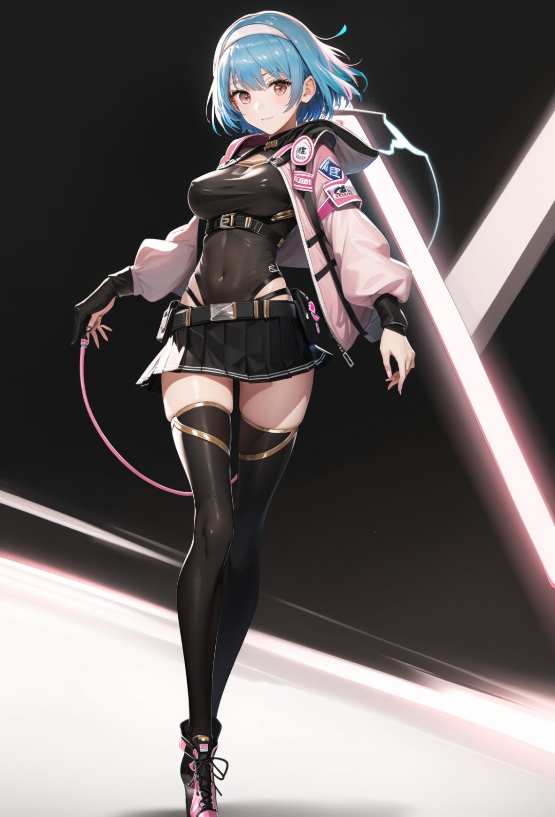 sssr,((masterpiece)),((best quality)),8k,high detailed,ultra-detailed,1girl, full body, standing, pink eyes,solo, looking at viewer,short hair,blue hair, closed mouth, skirt, medium breasts,   black gloves, pleated skirt, belt, High-heeled shoes, skin tight,sling, taut clothes, ar-15 ,Electric arc, <lora:sssrV5-000002:0.8> 