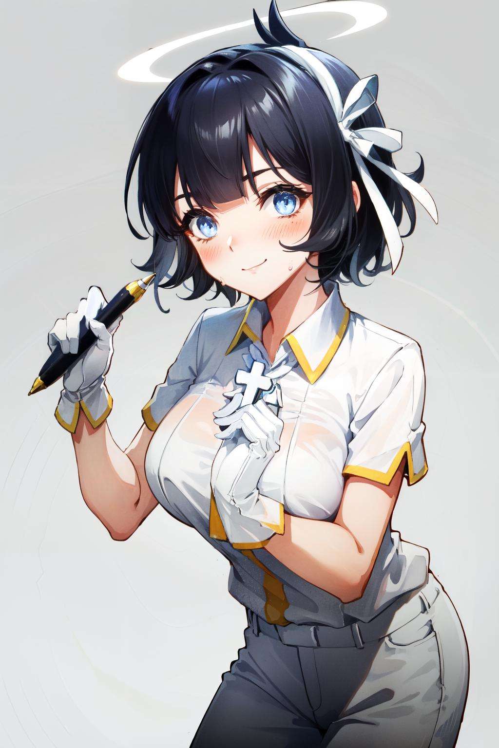 <lora:azazel:1>azazel(helltaker), closed mouth, grey background, white pants, 1girl, solo, ribbon, angel, halo, blue eyes, leaning forward, white ribbon, white gloves, smile, shirt, pen, arm under breasts, collared shirt, black hair, short hair, blunt bangs, notepad, short sleeves, large breasts, blush, pants, hair ribbon, holding pen, sweatdrop, looking at viewer, holding, white shirt, gloves