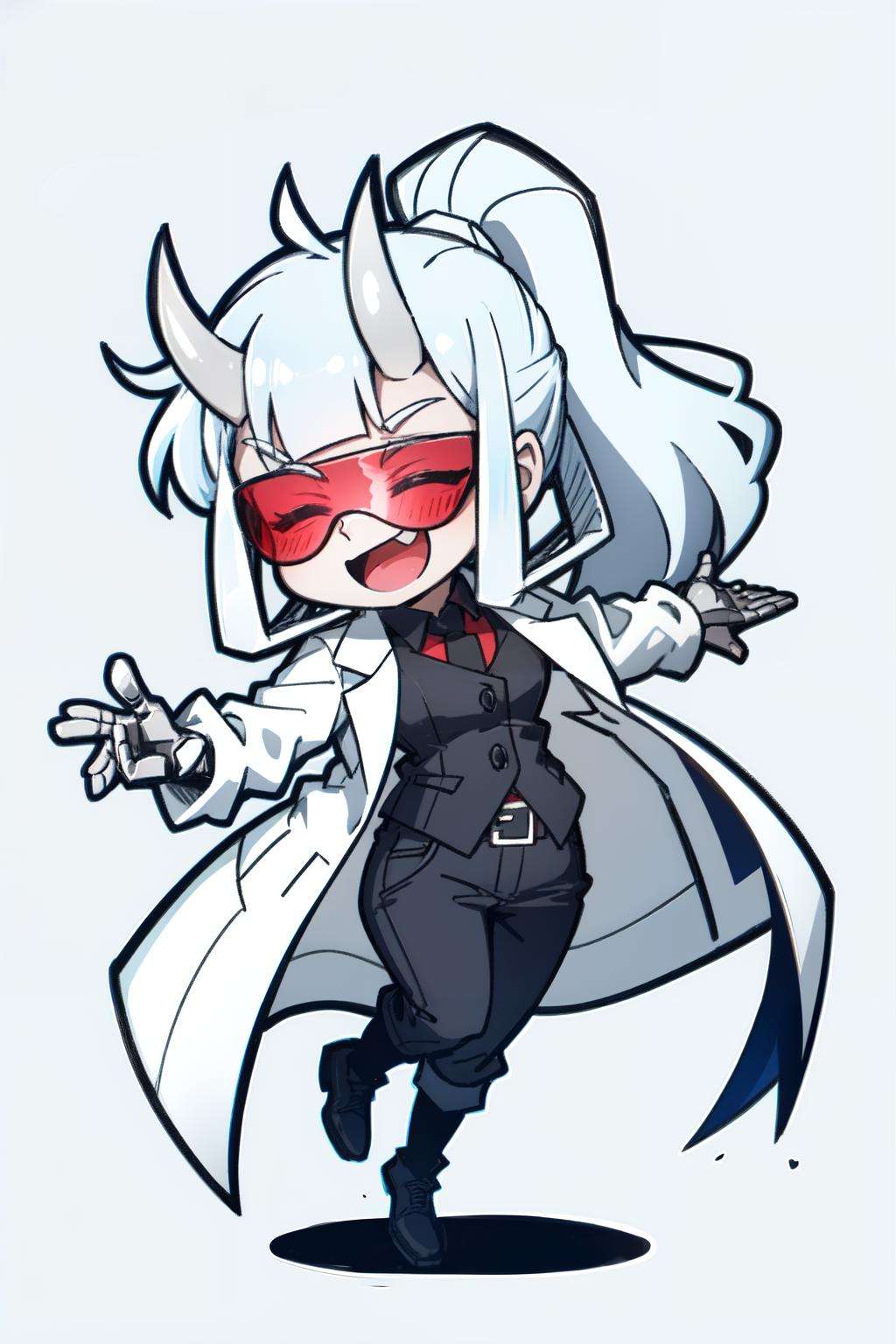 <lora:loremaster-10:1>loremaster(helltaker), black footwear, full body, white hair, long sleeves, sidelocks, simple background, demon tail, red-tinted eyewear, chibi, tinted eyewear,  horns, demon girl, closed eyes, goggles, smile, teeth, happy, coat, demon horns, white coat, open mouth, pants, 1girl, labcoat, solo, ponytail, tail, boots