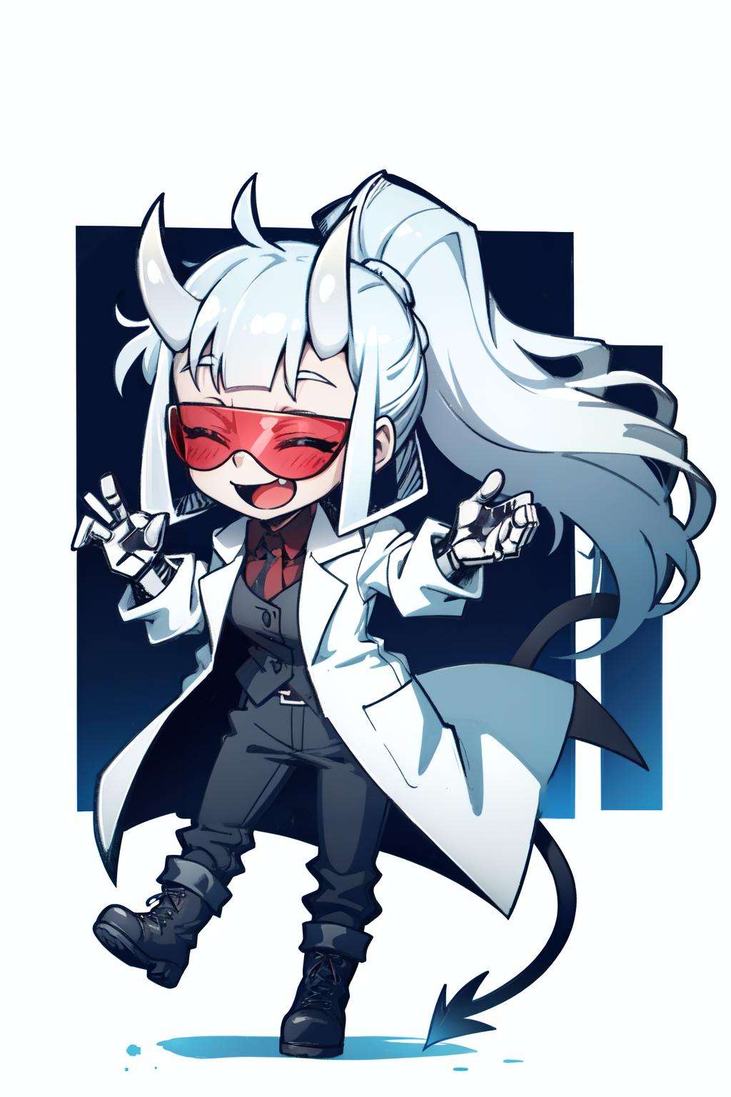 <lora:loremaster-10:1>loremaster(helltaker), black footwear, full body, white hair, long sleeves, sidelocks, simple background, demon tail, red-tinted eyewear, chibi, tinted eyewear,  horns, demon girl, closed eyes, goggles, smile, teeth, happy, coat, demon horns, white coat, open mouth, pants, 1girl, labcoat, solo, ponytail, tail, boots